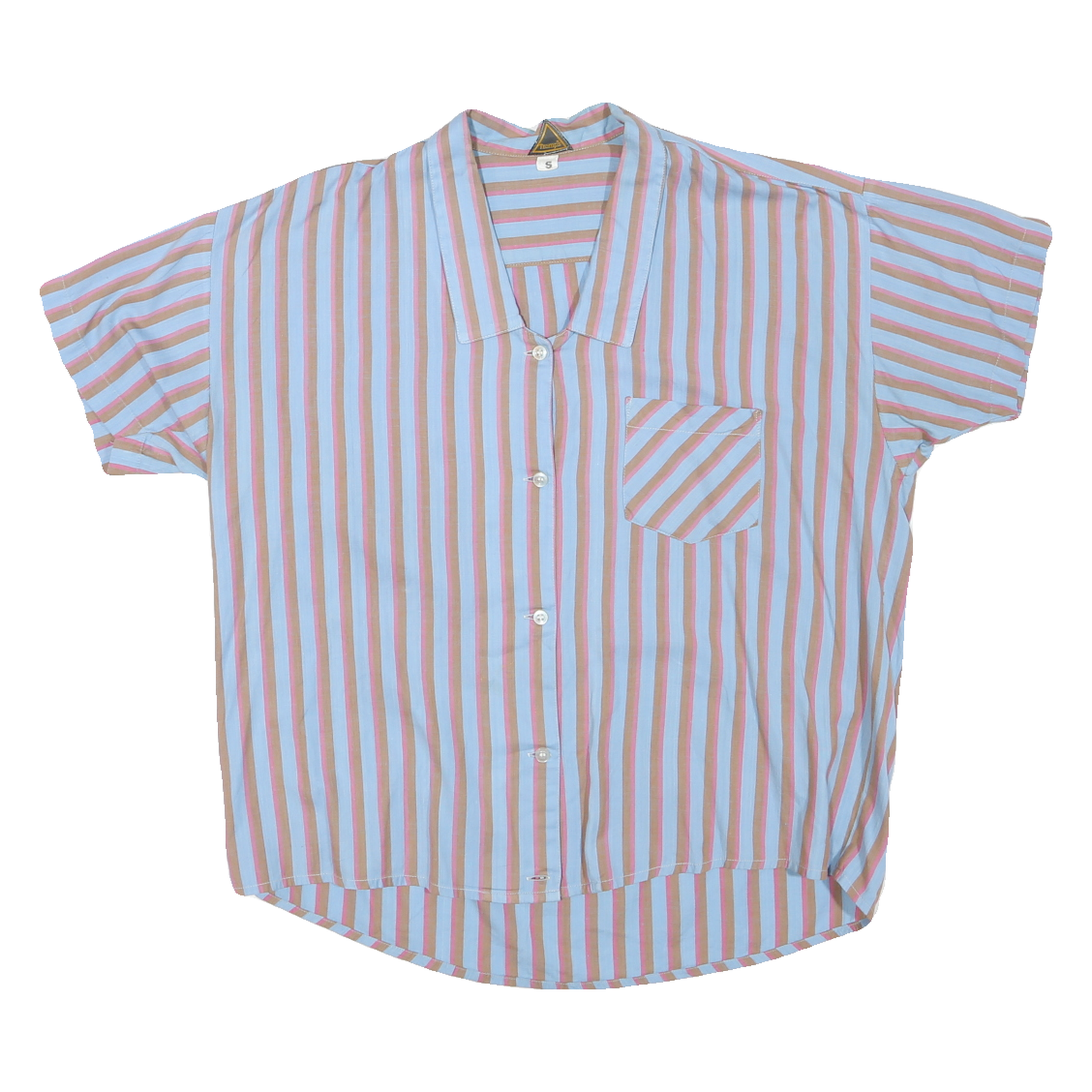 Womens Blue & Brown Striped Basic Shirt Short Sleeve Button Neck S Casual Summer Refurbished - N/A refurbished available on Cerqular