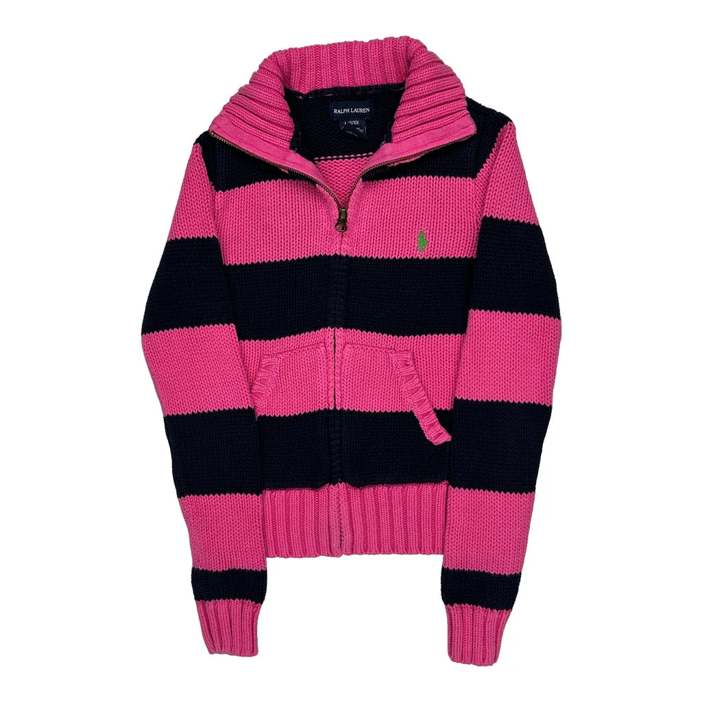 Age 8-10 Ralph Lauren Striped Zip Up - Medium Navy Cotton Refurbished - Thrifted (note: this is a term often used to describe second- refurbished available on Cerqular