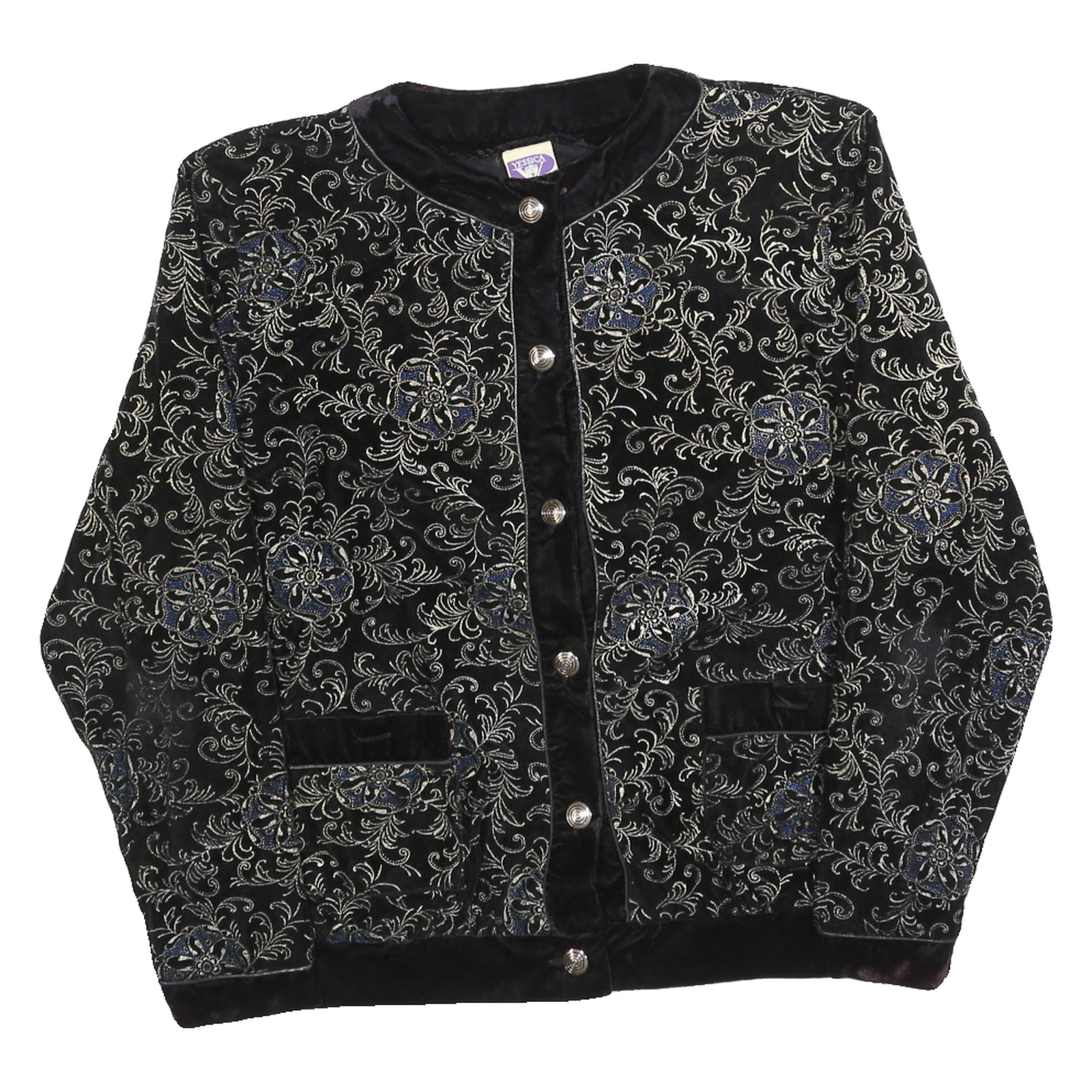 YESSICA Womens Black & Silver Floral Pattern Button Jacket M Polyester Velvet Refurbished - N/A refurbished available on Cerqular