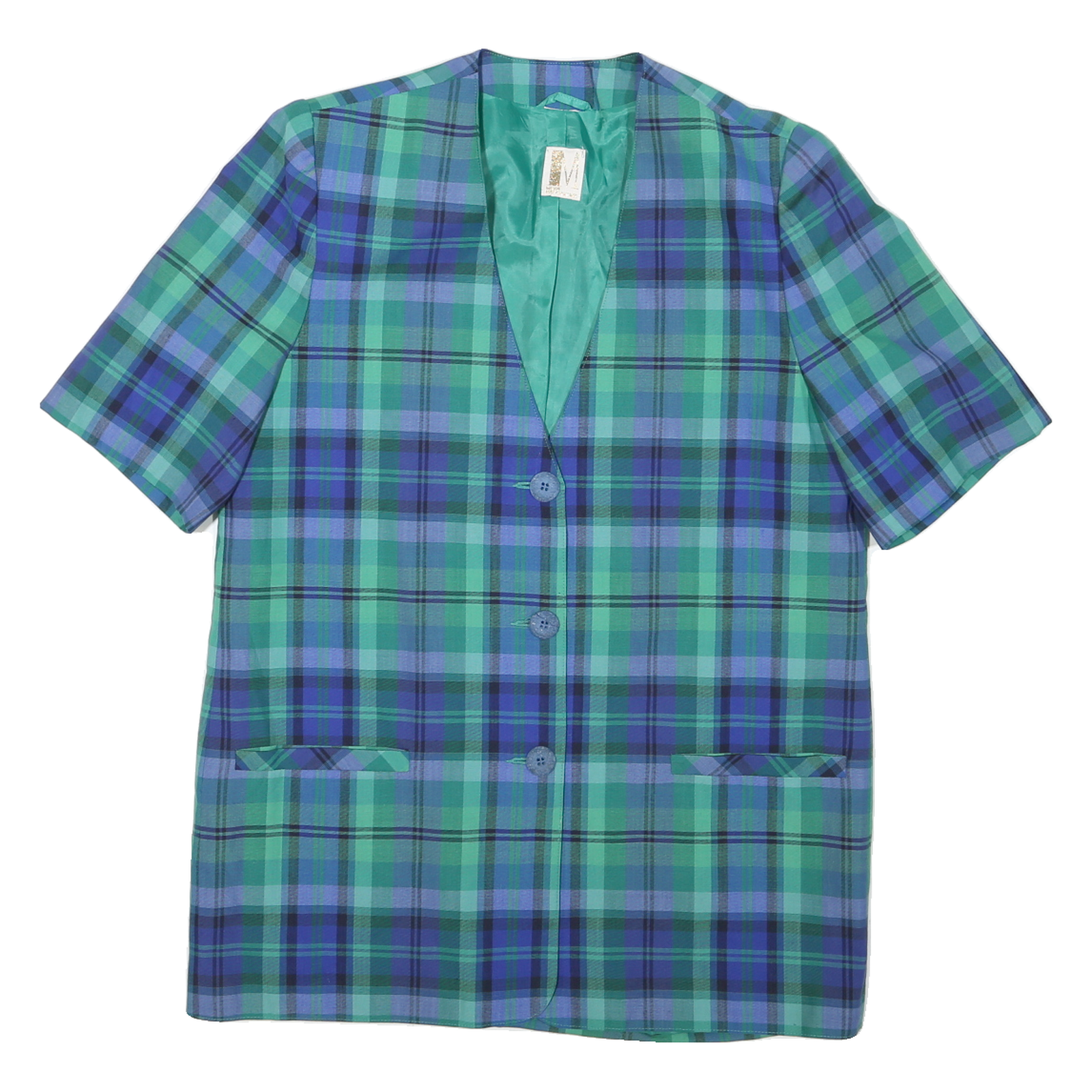 Womens Blue & Green Checked Coach Jacket L Polyester Blend Woven Short Sleeve Refurbished - N/A refurbished available on Cerqular