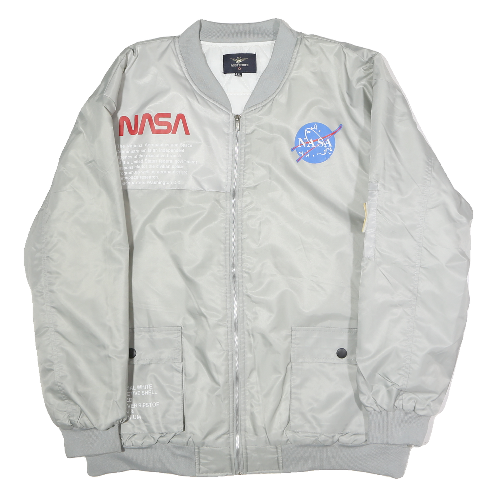 ASSTSERIES Mens White Grey NASA Printed Bomber Jacket 4XL Polyester Zip Refurbished - N/A refurbished available on Cerqular
