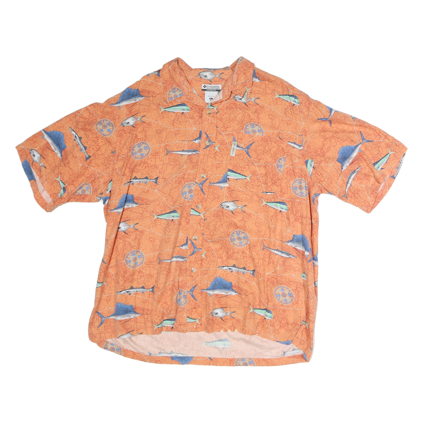 COLUMBIA Mens Orange Fish Print Short Sleeve Shirt XL Cotton Blend Casual Refurbished - N/A refurbished available on Cerqular