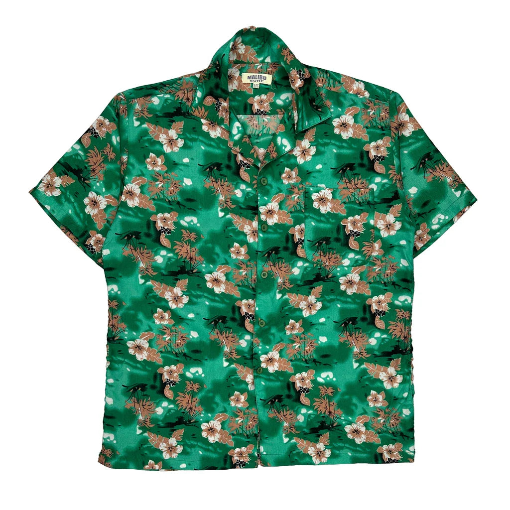 Malibu Surf Floral Hawaiian Shirt - XL Green Polyester Refurbished - Thrifted (note: this is a term often used to describe second- refurbished available on Cerqular