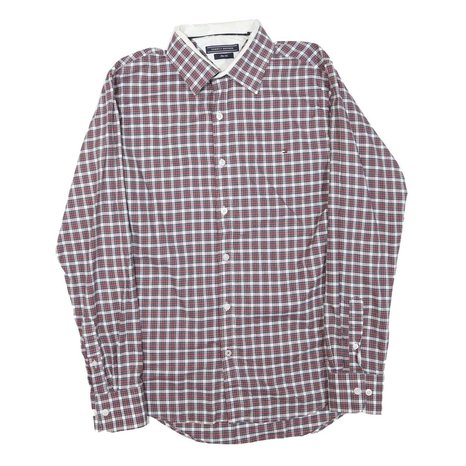TOMMY HILFIGER Mens Red White & Blue Checked Shirt L Slim Fit Cotton Blend Refurbished - N/A refurbished available on Cerqular