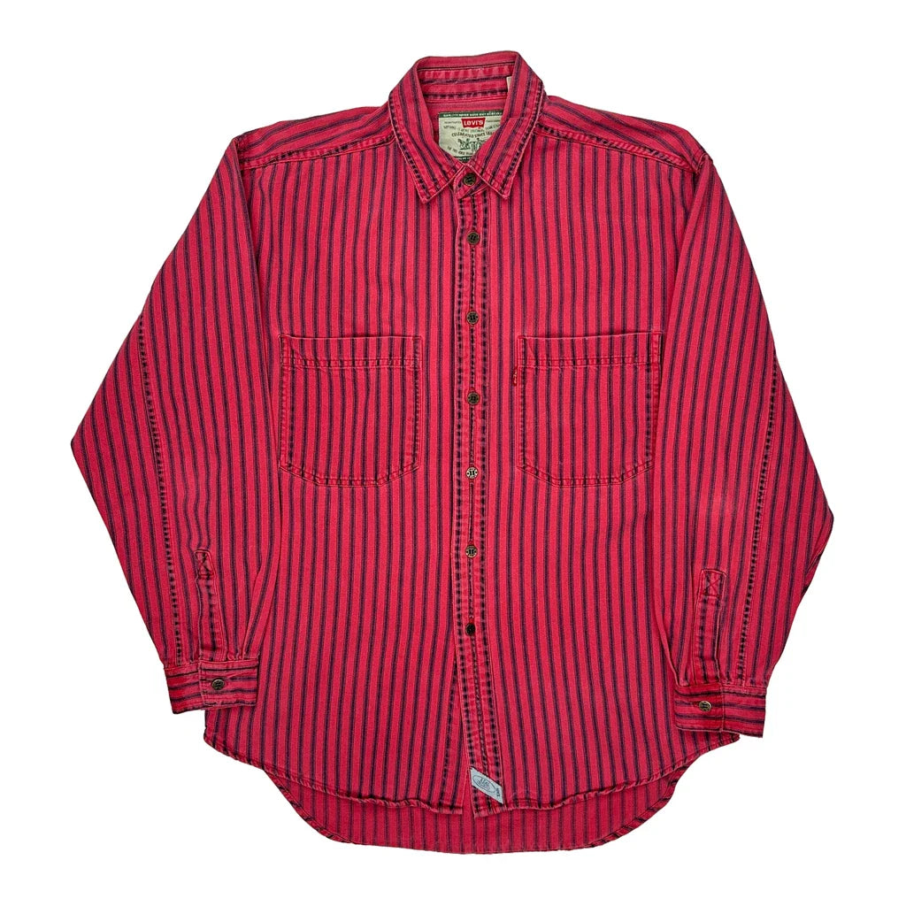 Levis Striped Shirt - Medium Red Cotton Refurbished - Thrifted (note: this is a term often used to describe second- refurbished available on Cerqular