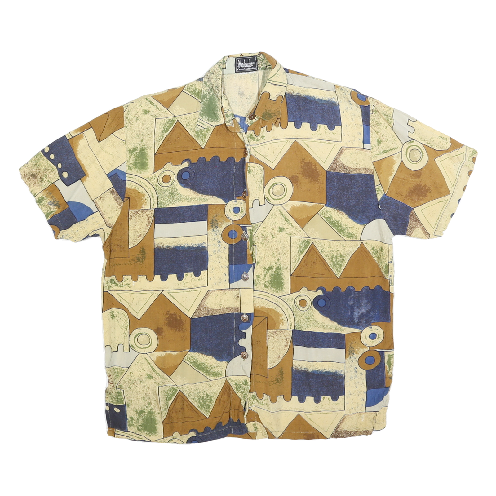 WOODPECKER Womens Beige Blue Brown Printed Short Sleeve Shirt L Casual Refurbished - N/A refurbished available on Cerqular