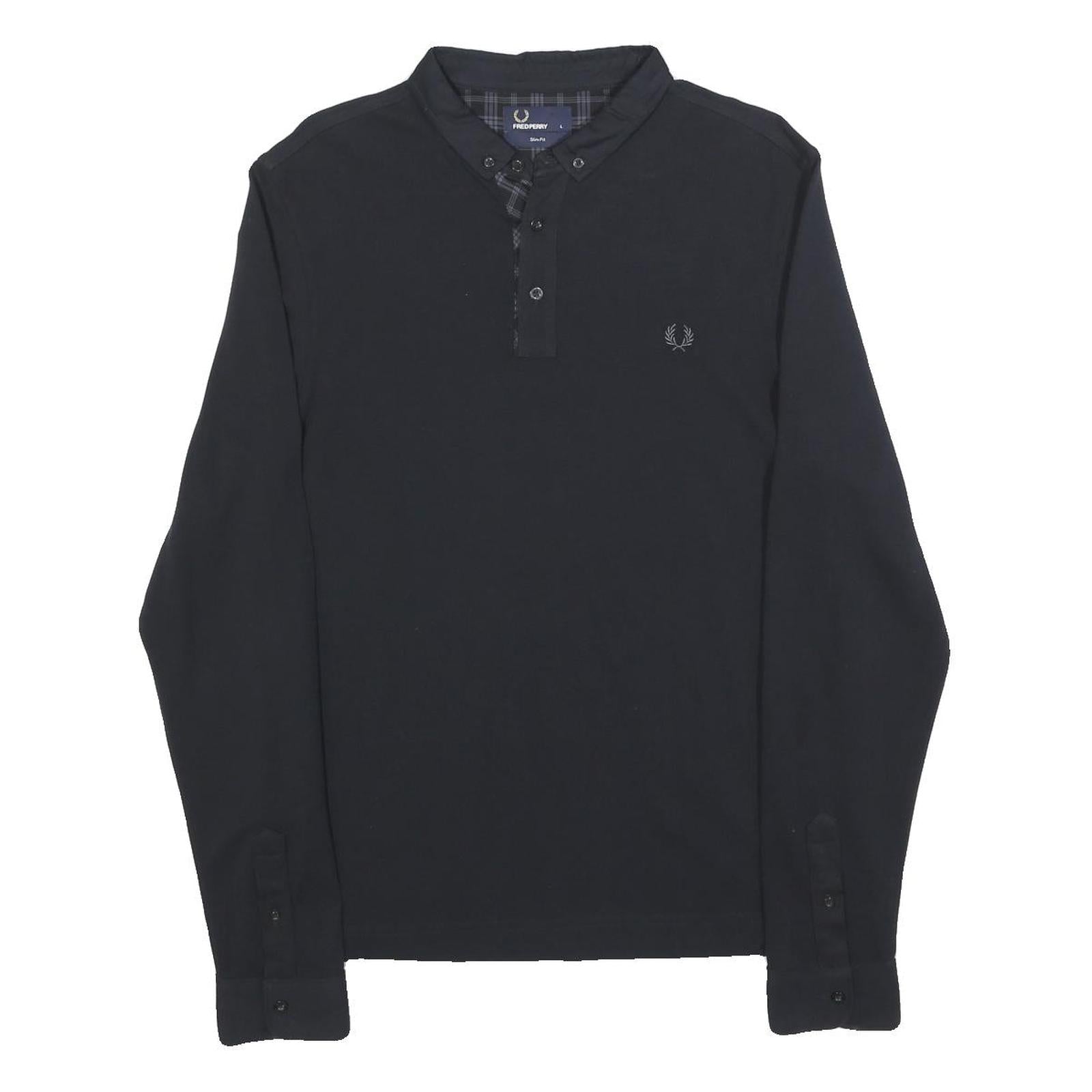 FRED PERRY Mens Black Long Sleeve Plain L Cotton Blend Polo Shirt Button Collar Refurbished - N/A refurbished available on Cerqular