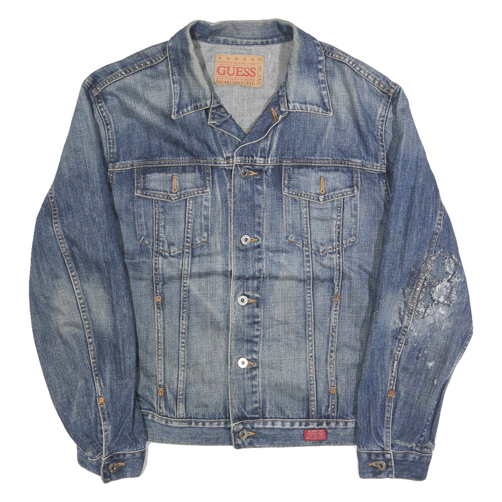 Buy GUESS Mens Blue Denim Jacket M Cotton Button Casual Vintage Distressed Refurbished - $51.99 GUESS Mens Blue Denim Jacket M Cotton Button Casual Vintage Distressed Refurbished - N/A refurbished available on Cerqular