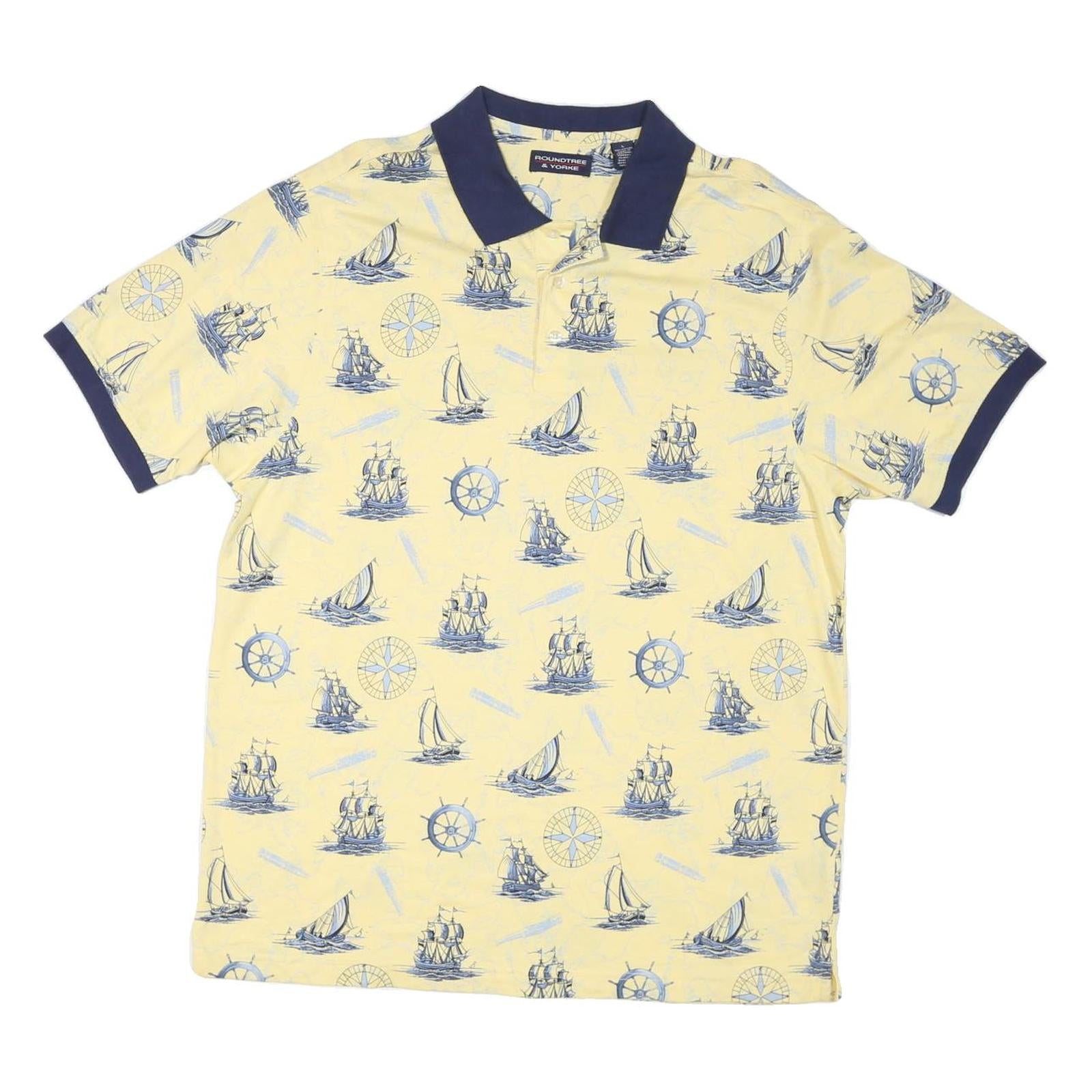 ROUNDTREE & YORKE Mens Yellow & Navy Nautical Print Short Sleeve Polo Shirt L Refurbished - N/A refurbished available on Cerqular