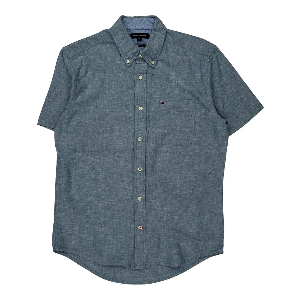 Tommy Hilfiger Short Sleeve Shirt - Medium Blue Cotton Refurbished - Thrifted (note: this is a term often used to describe second- refurbished available on Cerqular