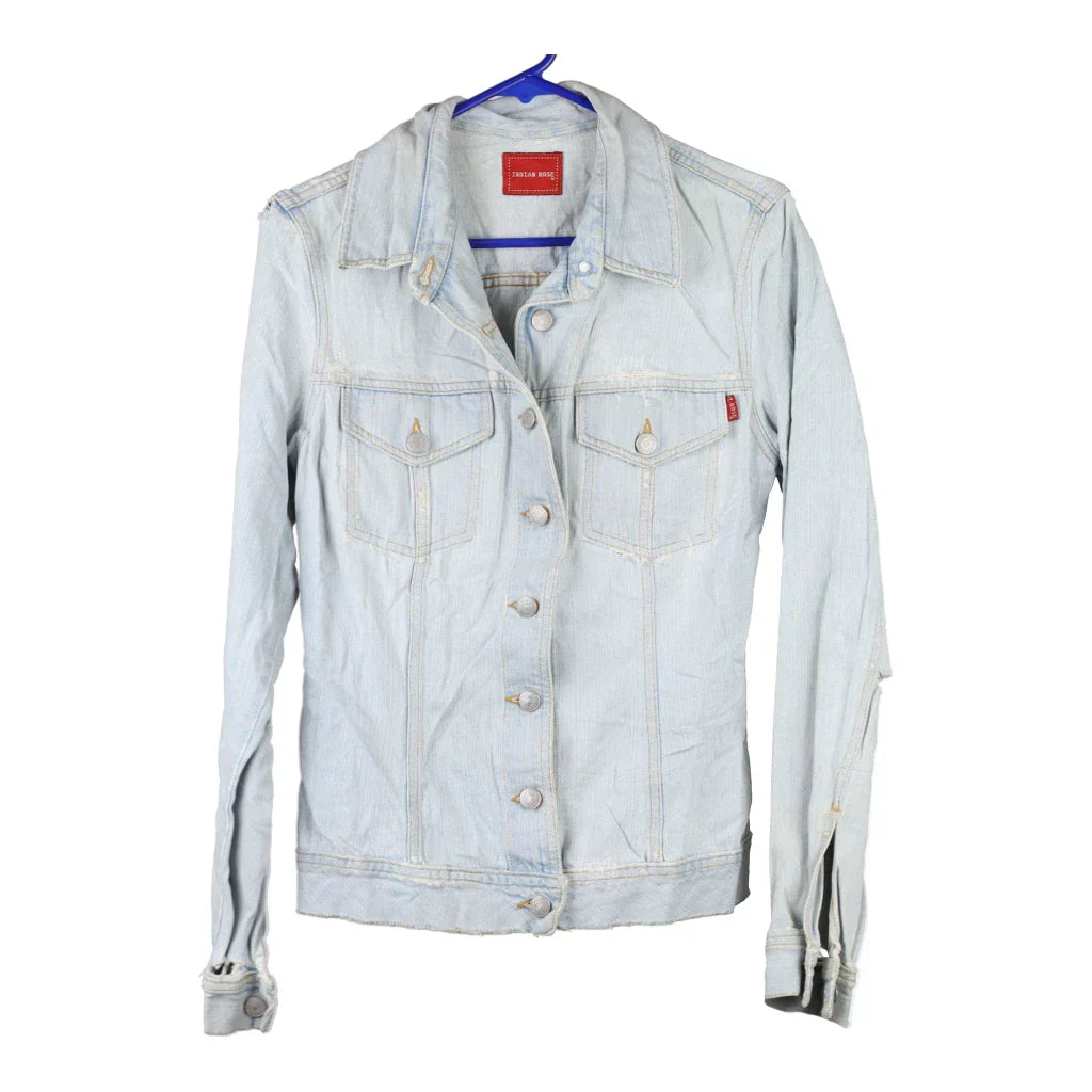 Indian Rose Denim Jacket - Medium Light Wash Cotton Refurbished - Thrifted (note: this is a term often used to describe second- refurbished available on Cerqular