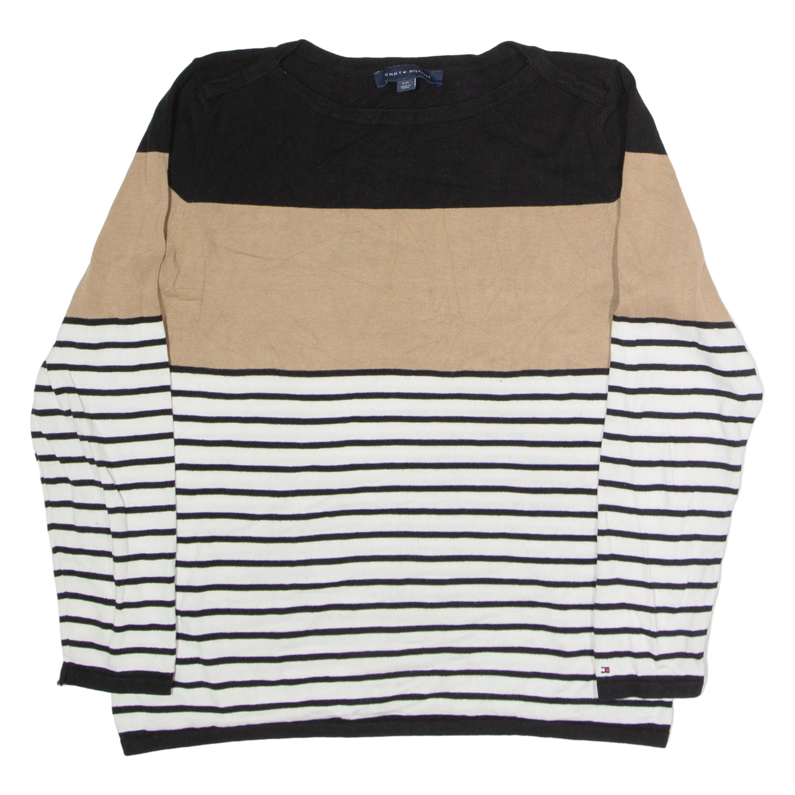 TOMMY HILFIGER Womens Patterned Jumper Black Striped Tight Knit L Refurbished - N/A refurbished available on Cerqular