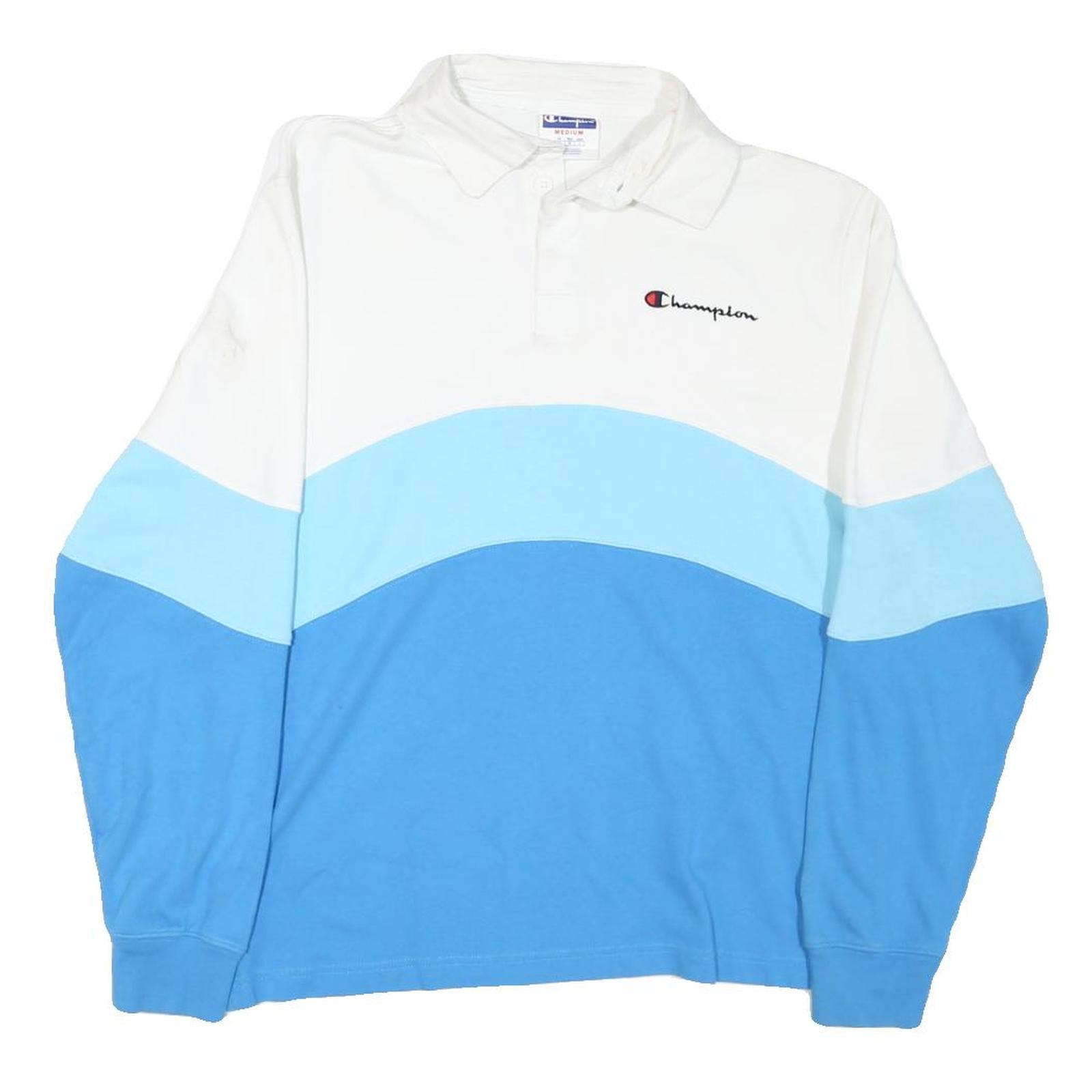 CHAMPION Mens White & Blue Long Sleeve Colourblock Polo Shirt M Cotton Blend Refurbished - N/A refurbished available on Cerqular