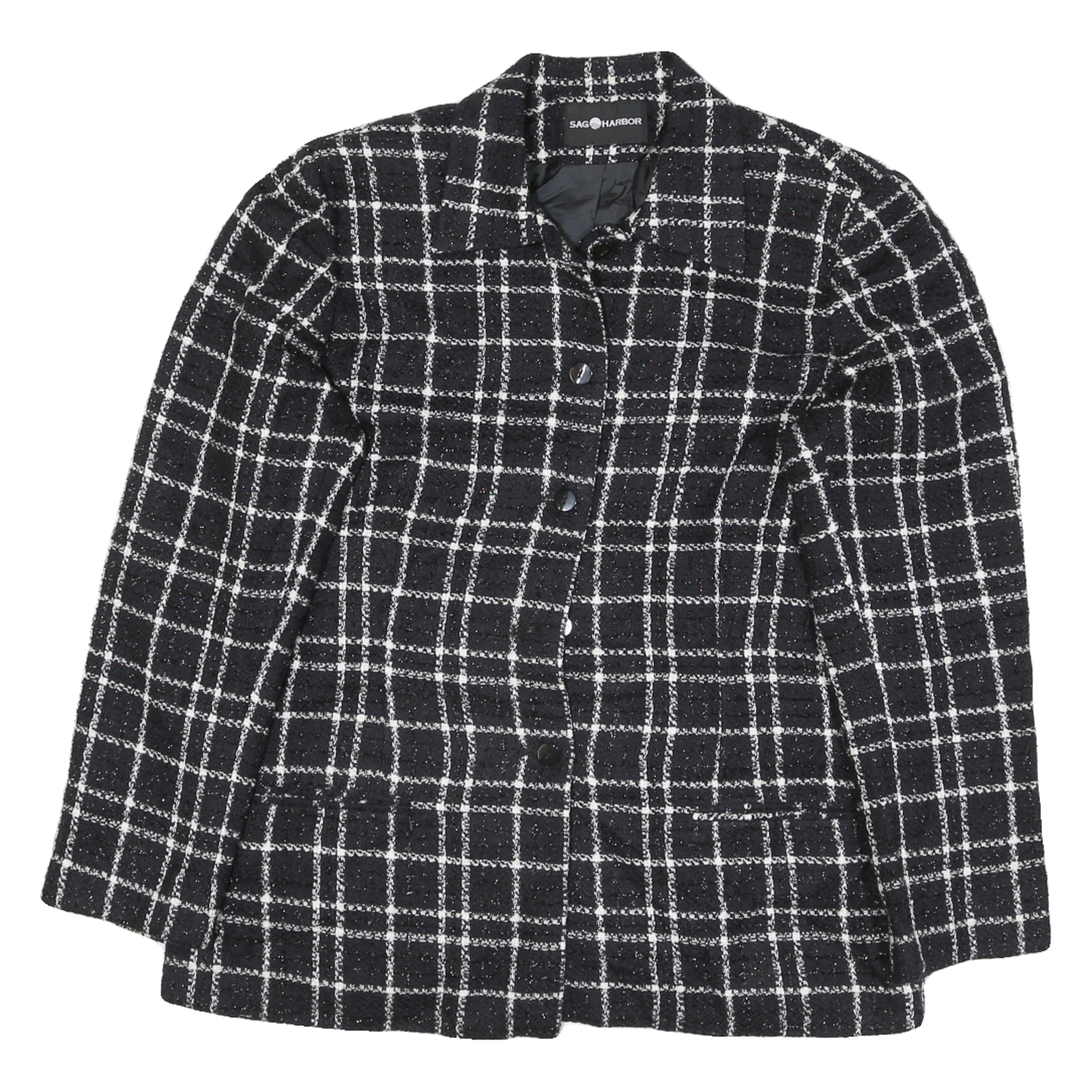 SAG HARBOR Womens Black & White Jacket M Polyester Blend Check Button Closure Refurbished - N/A refurbished available on Cerqular