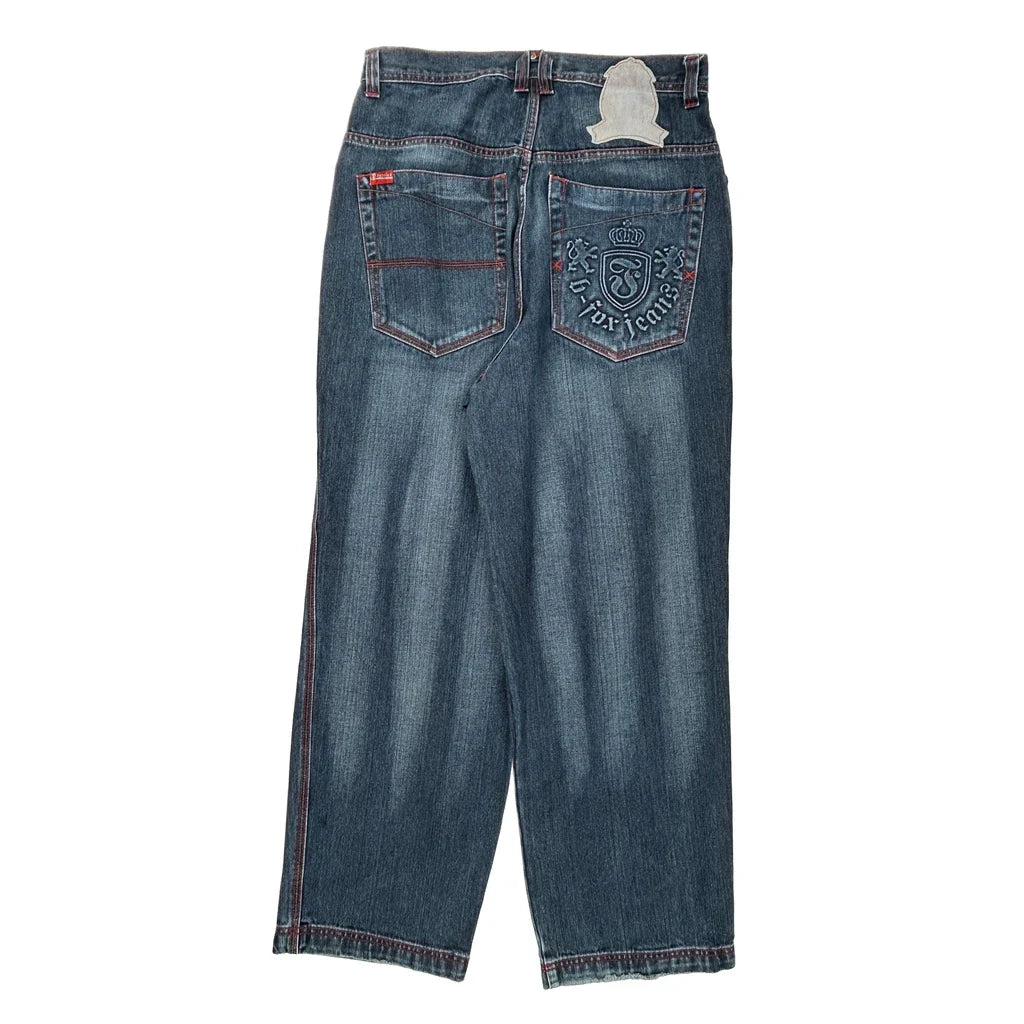 B-Fox Graphic Jeans - 33W 30L Blue Cotton Refurbished - Thrifted (note: this is a term often used to describe second- refurbished available on Cerqular