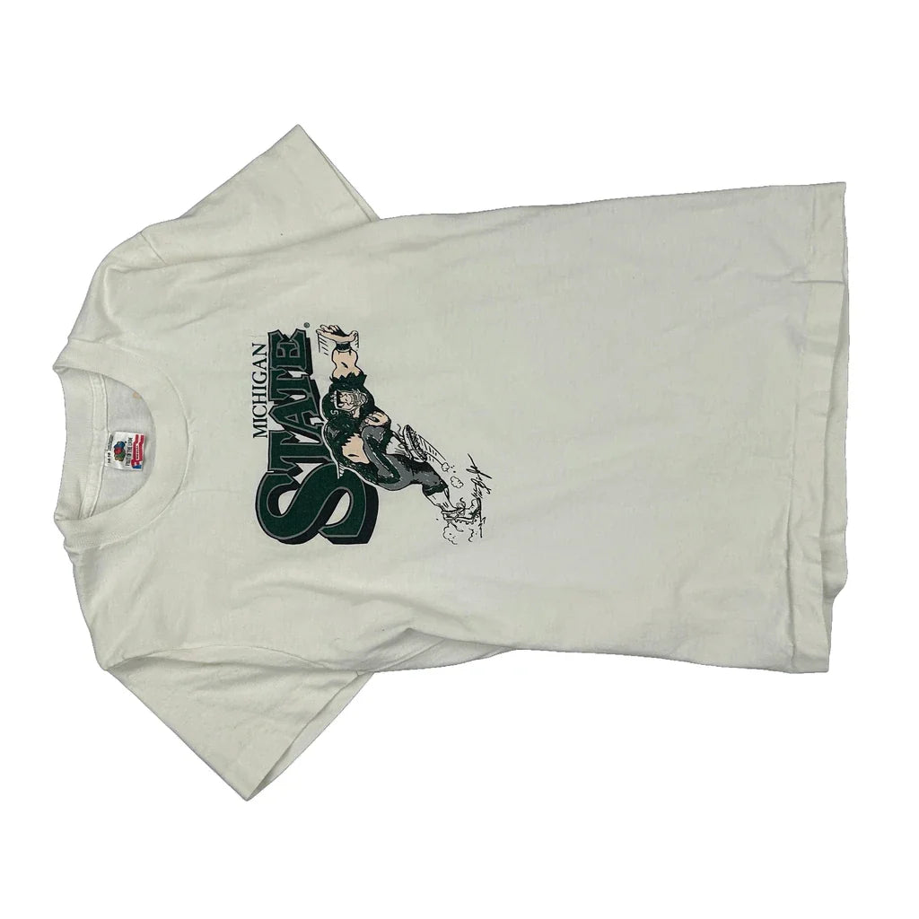 Michigan State Fruit Of The Loom Single Stitch T-Shirt - Small White Cotton Refurbished - Thrifted (note: this is a term often used to describe second- refurbished available on Cerqular