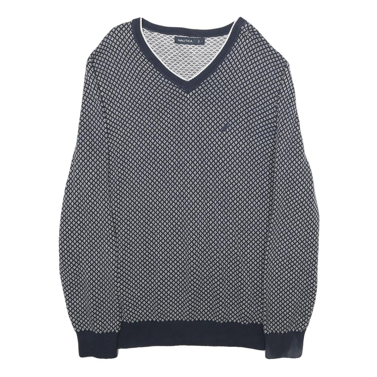 NAUTICA Mens Navy & White Patterned Cotton Jumper V Neck Basic Knit L Refurbished - N/A refurbished available on Cerqular