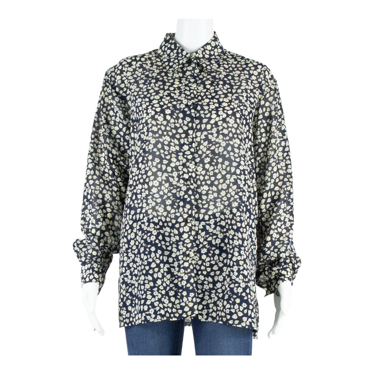 Sheer Womens Printed Shirt Blue Collared Long Sleeve Floral L Refurbished - N/A refurbished available on Cerqular