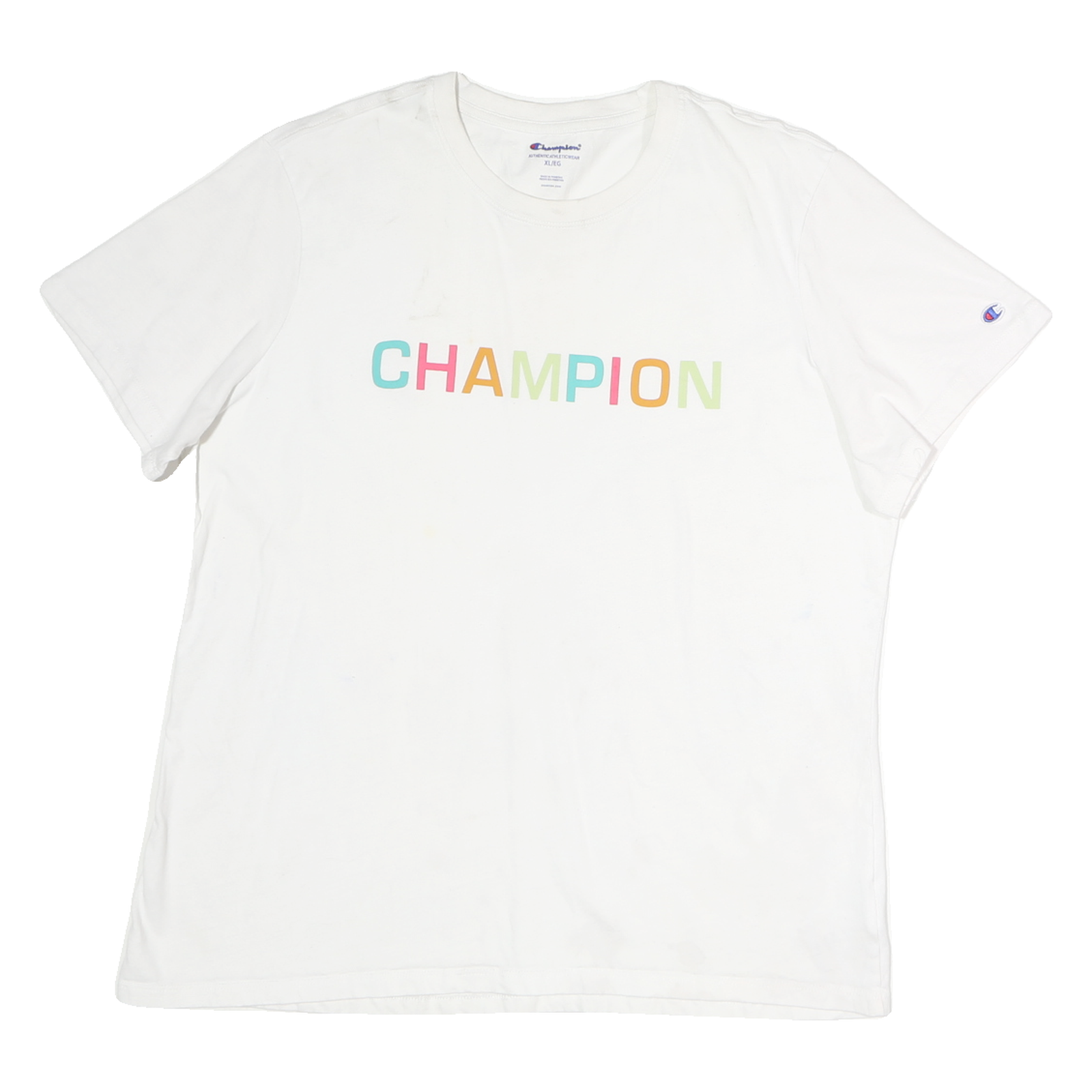 CHAMPION Womens White Multicolour Logo Graphic T-Shirt XL Short Sleeve Crew Neck Refurbished - N/A refurbished available on Cerqular