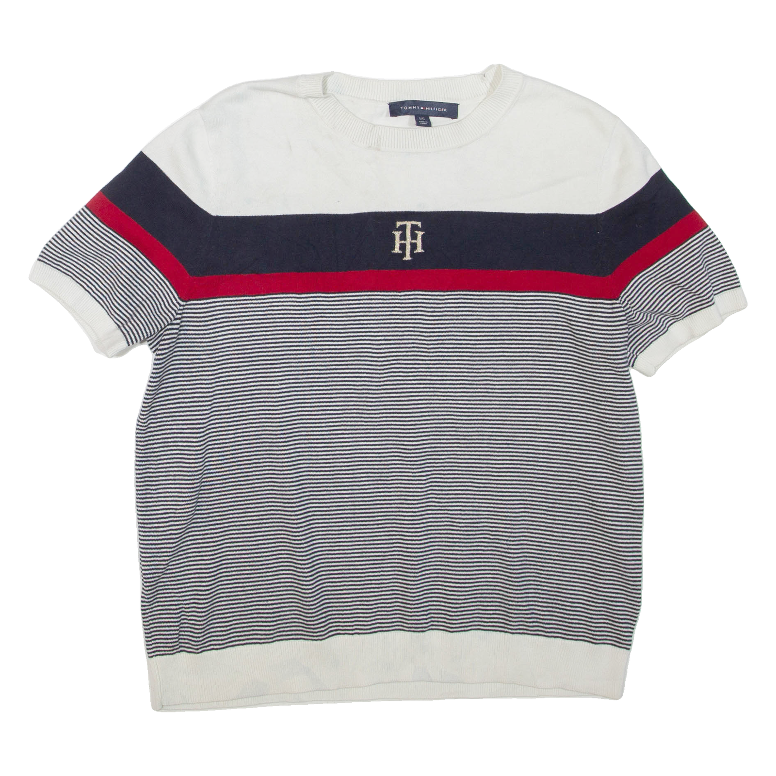TOMMY HILFIGER Womens Patterned Jumper Blue Striped Tight Knit Short Sleeve L Refurbished - N/A refurbished available on Cerqular