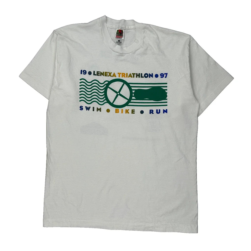 Lenexa Triathlon 97 Fruit Of The Loom Graphic T-Shirt - Large White Cotton Refurbished - Thrifted (note: this is a term often used to describe second- refurbished available on Cerqular