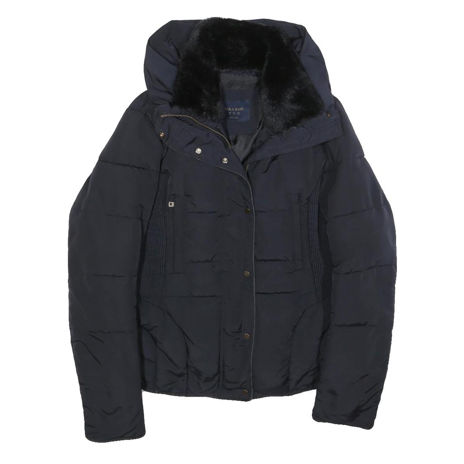 ZARA BASIC Womens Navy Blue Puffer Jacket M Polyester Blend Zip Quilted Warm Refurbished - N/A refurbished available on Cerqular