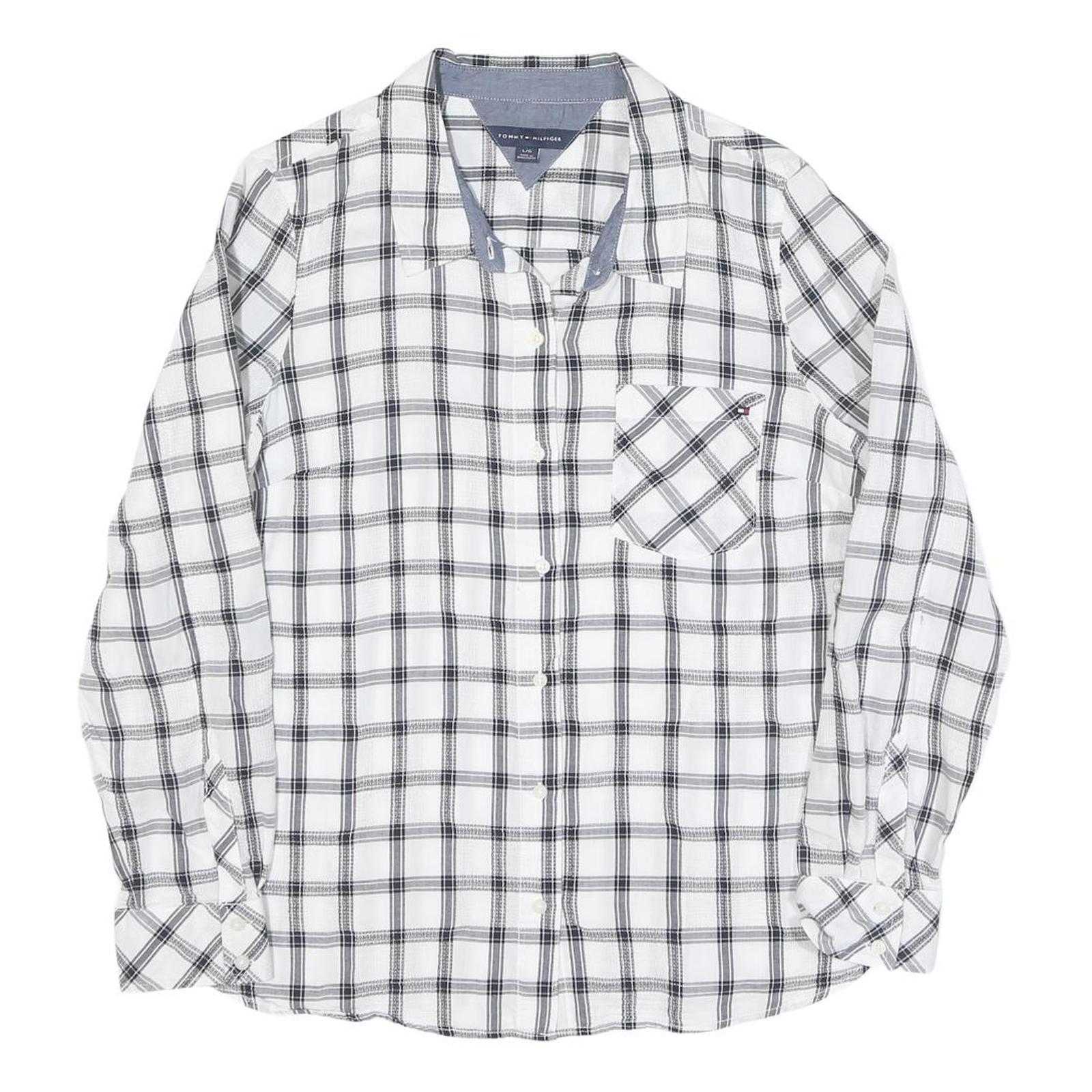 TOMMY HILFIGER Womens White & Black Check Shirt L Casual Cotton Blend Long Refurbished - N/A refurbished available on Cerqular