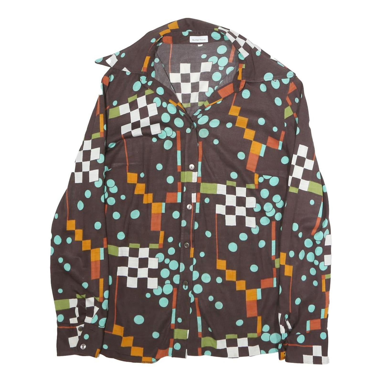 Womens Brown & Aqua Graphic Printed Shirt Long Sleeve Collared L Cotton Blend Refurbished - N/A refurbished available on Cerqular
