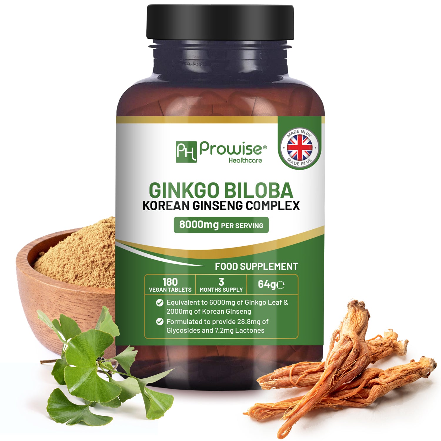 Ginkgo Biloba and Korean Ginseng Tablets 8000mg 180 Vegan Tablets | Ginkgo 6000mg & Korean Ginseng Root 2000mg Supports Cognitive Function & Mental Performance Refurbished - Prowise Healthcare refurbished available on Cerqular