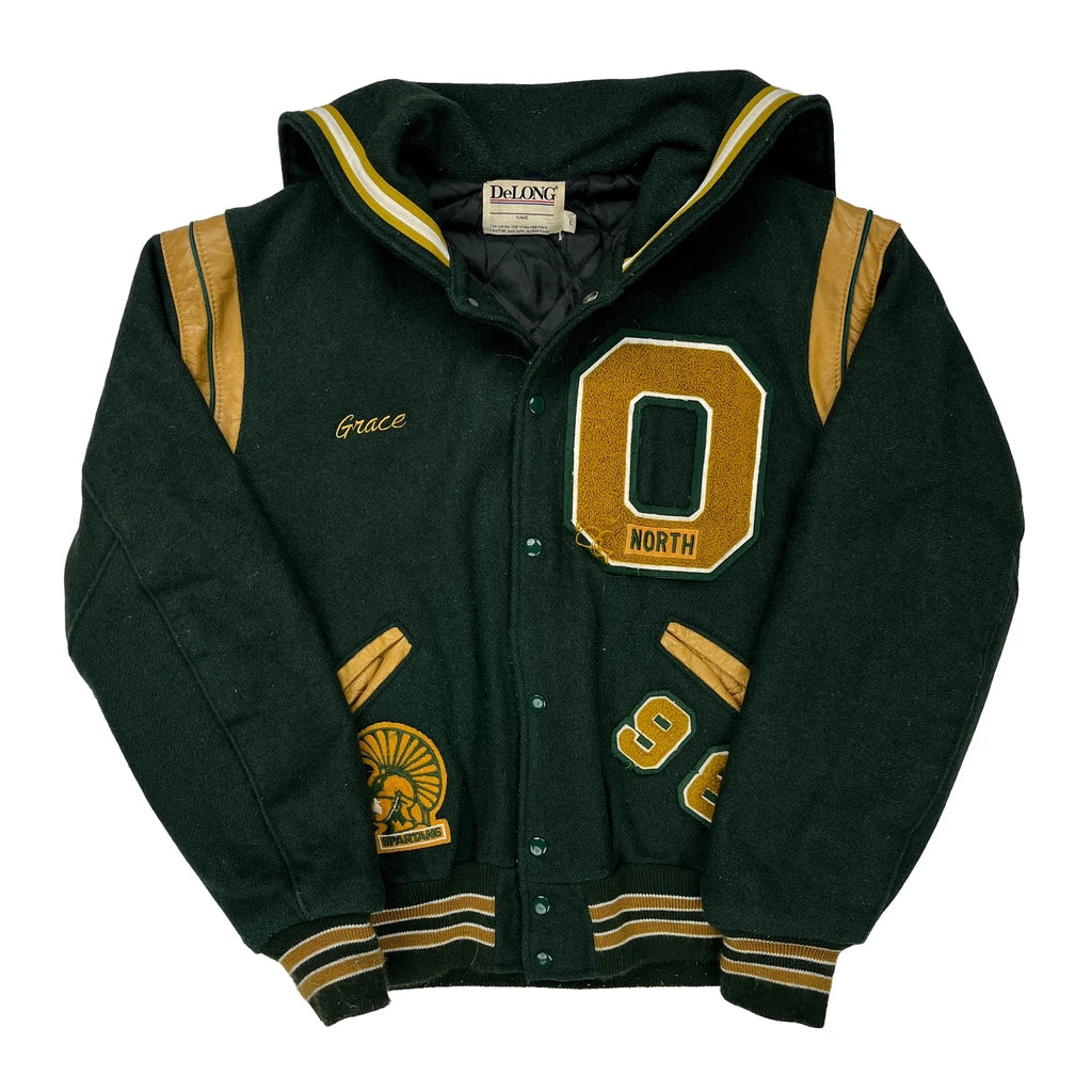 Spartans Delong Varsity Jacket - Large Gold Wool Refurbished - Thrifted (note: this is a term often used to describe second- refurbished available on Cerqular