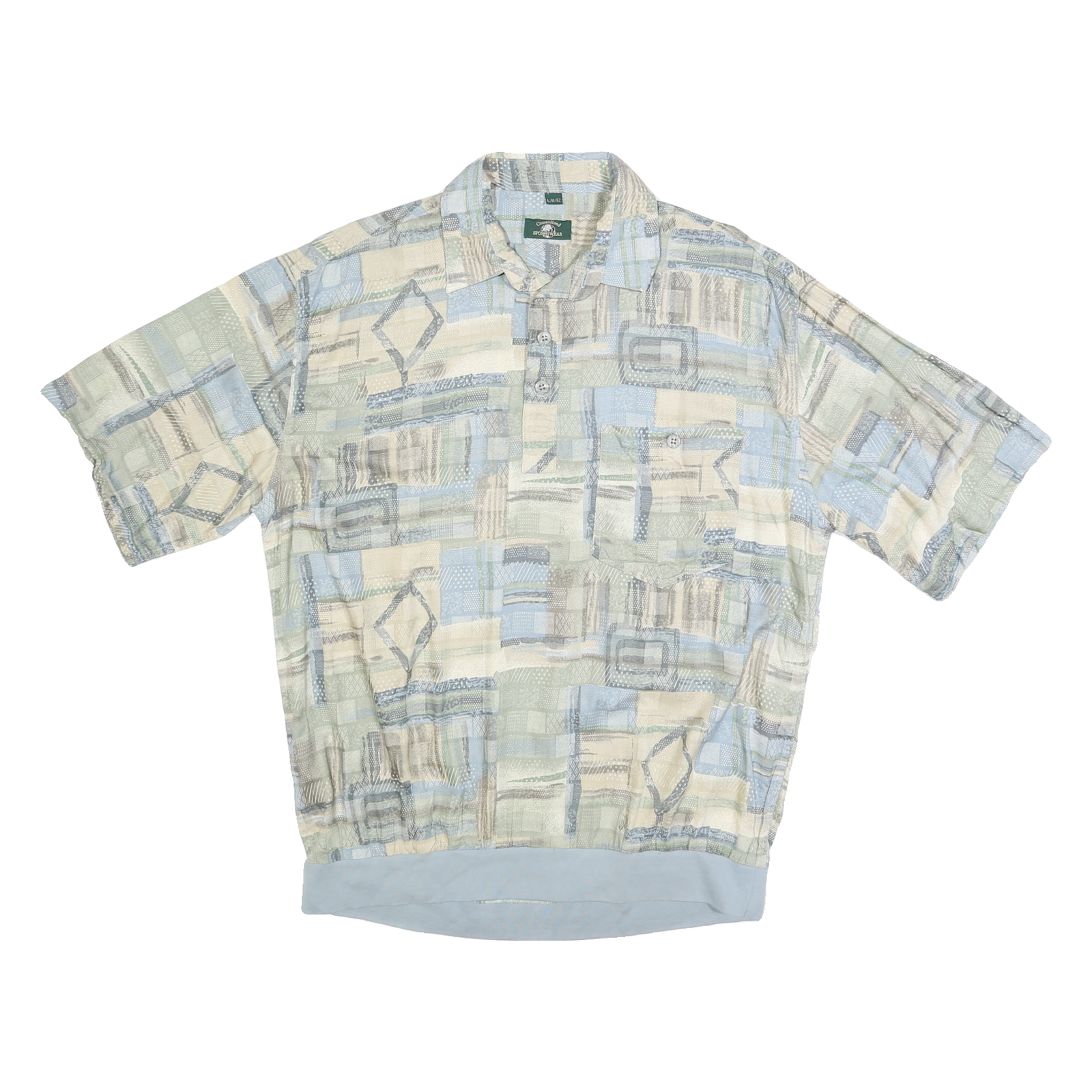 CASUAL LAND Mens Beige & Blue Short Sleeve Geometric L Polo Shirt Elastic Hem Refurbished - N/A refurbished available on Cerqular