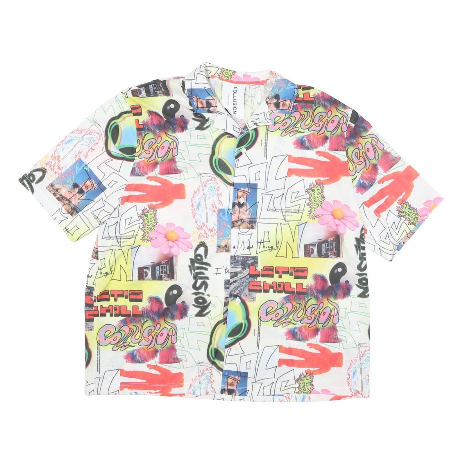 COLLUSION Mens White Red & Green Graphic Print Shirt M Short Sleeve Button Shirt Refurbished - N/A refurbished available on Cerqular