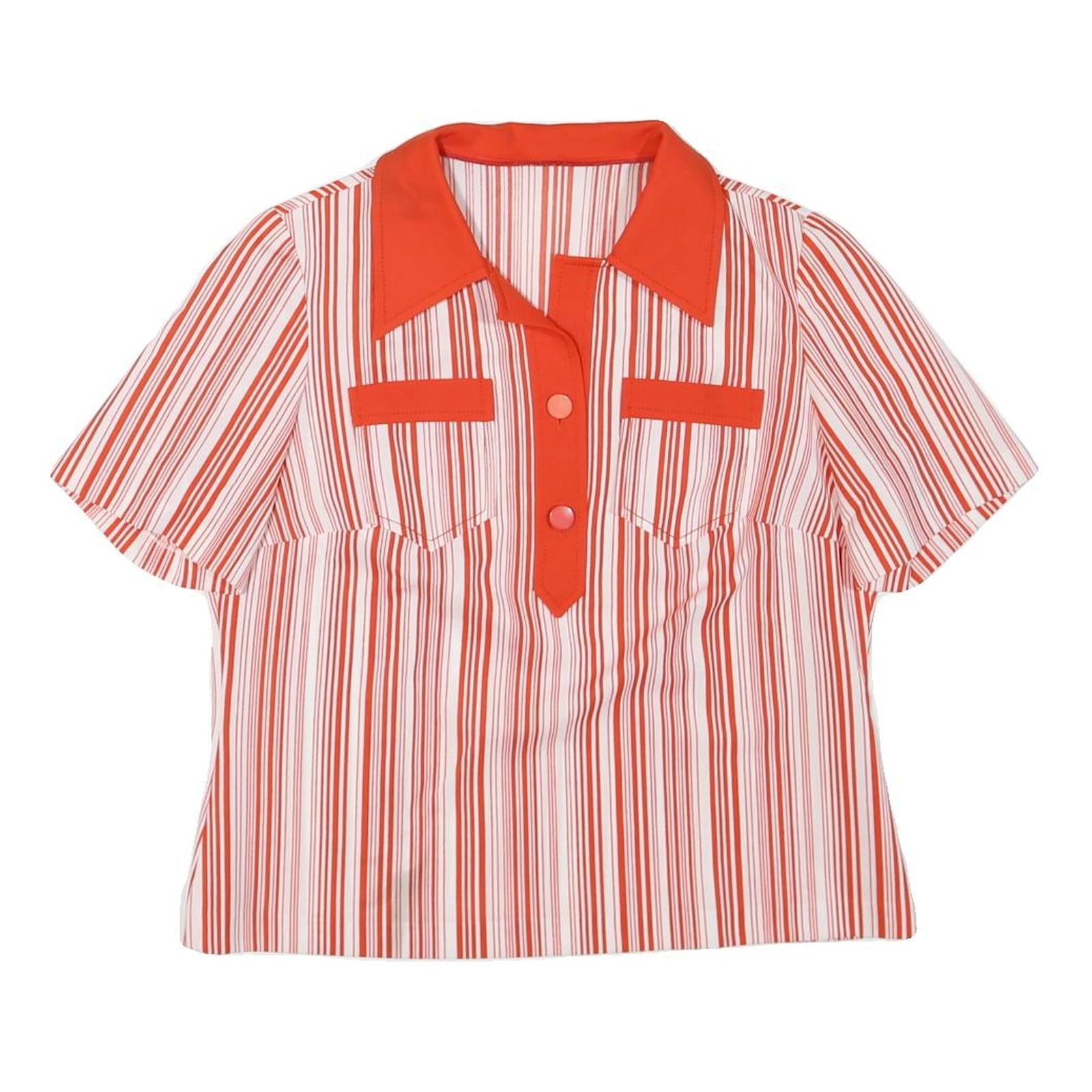 Womens Red & White Striped Basic Top Short Sleeve Collared Shirt L Button Detail Refurbished - N/A refurbished available on Cerqular