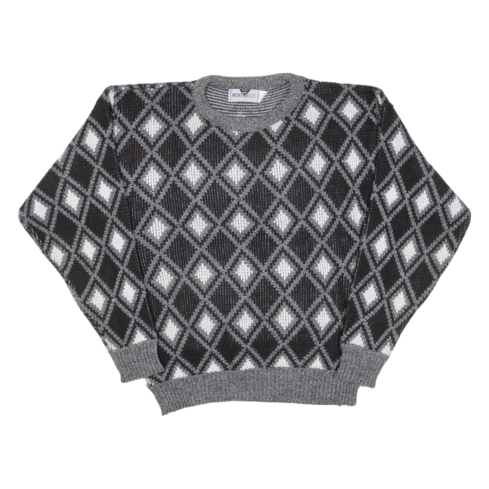 MONTEBELLO Womens Patterned Jumper Black Diamond 90s Cable Knit M Refurbished - N/A refurbished available on Cerqular
