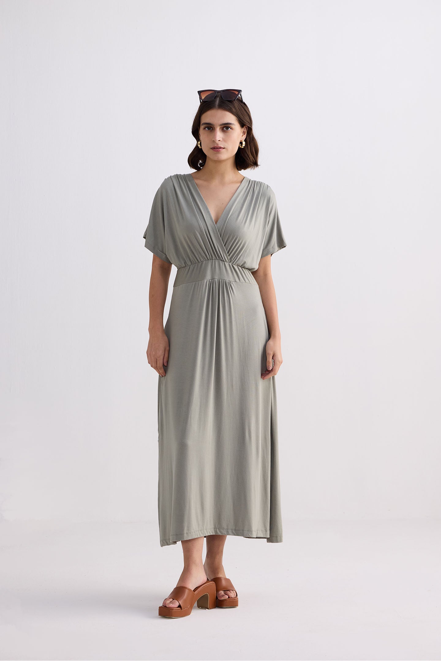Flowy A-Line Maxi Dress with Side Slits in Light Olive | Color: Frost & Mist | Size: XS Refurbished - Resistor (Note: This is a generic term for an electronic component, refurbished available on Cerqular