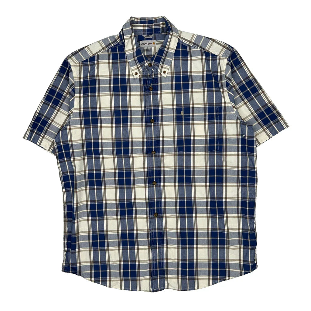 Carhartt Checked Short Sleeve Shirt - XL Blue Cotton Refurbished - Thrifted (note: this is a term often used to describe second- refurbished available on Cerqular