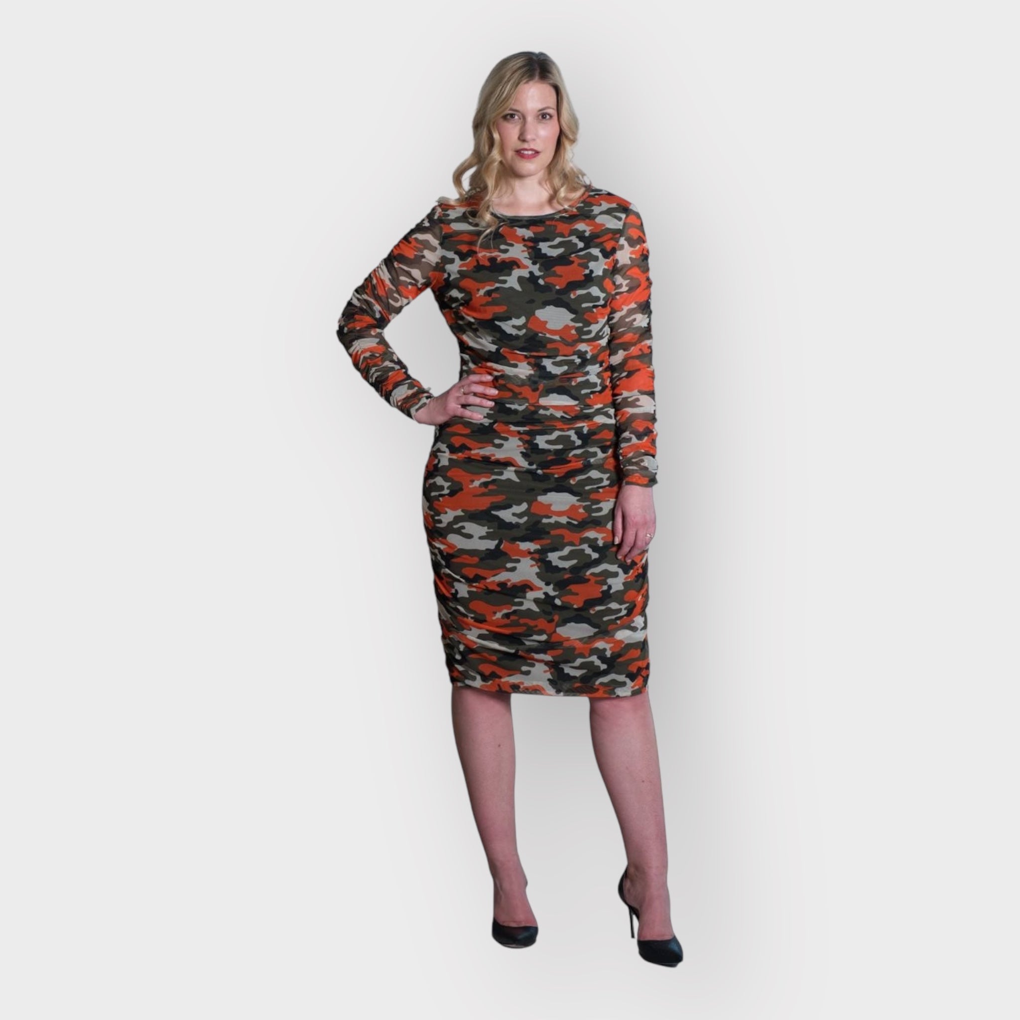 Boudicca Orange Camouflage Ruched Midi Dress -Inclusive Plus Size up to UK 20 / US 16 | Size: Size UK 12/ US 8 | Color: Orange Refurbished - N/A refurbished available on Cerqular