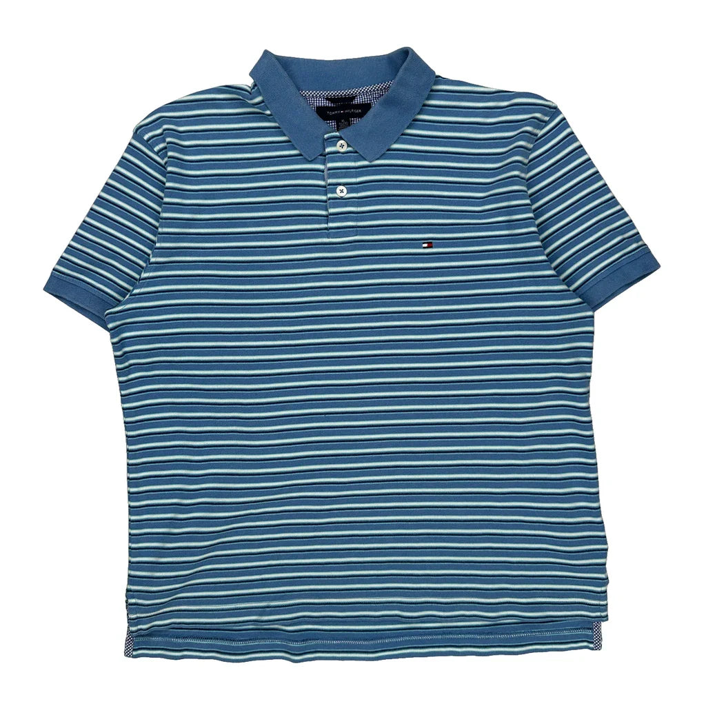 Tommy Hilfiger Striped Polo Shirt - XL Blue Cotton Refurbished - Thrifted (note: this is a term often used to describe second- refurbished available on Cerqular