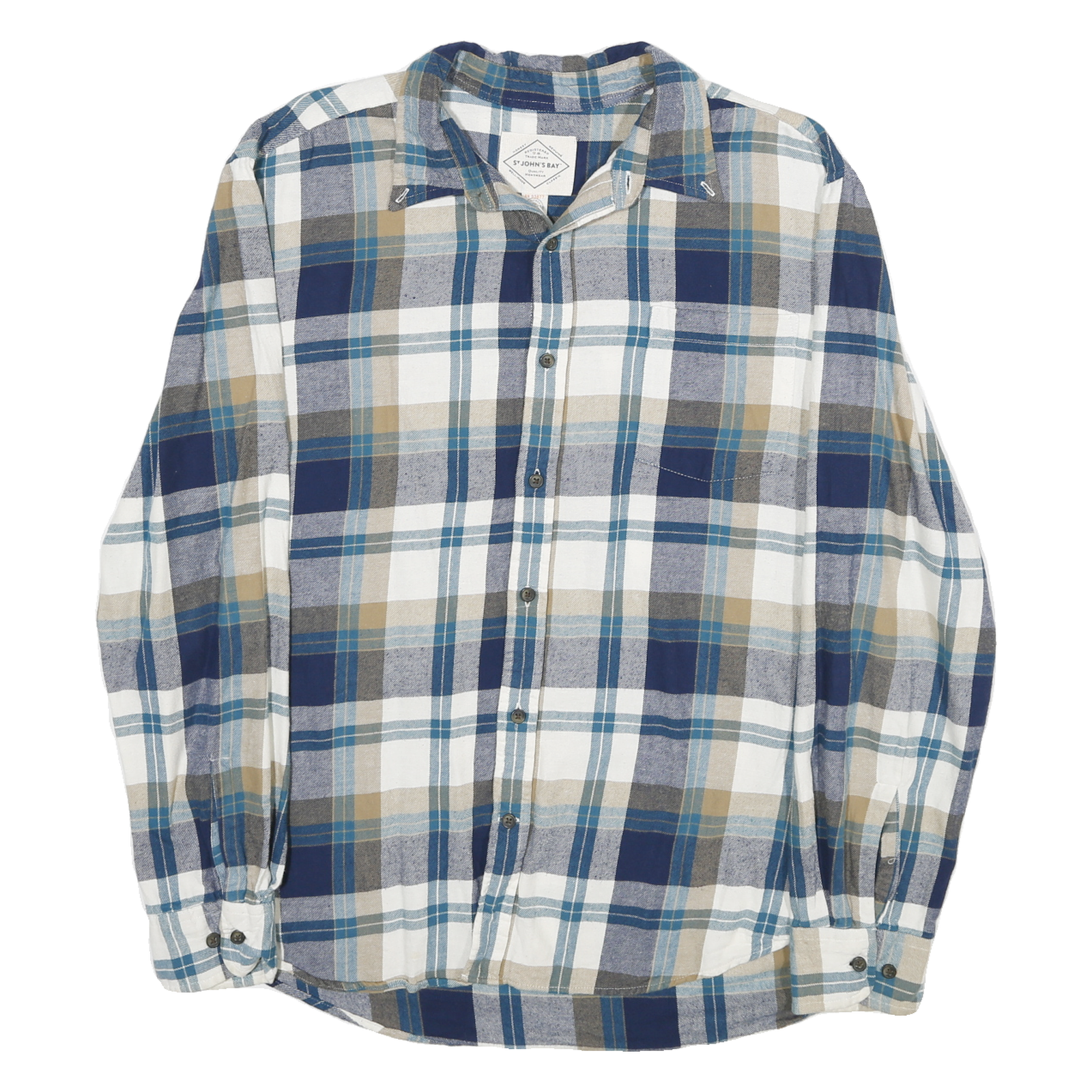 ST JOHNS BAY Mens Blue Beige Check Shirt L Cotton Long Sleeve Casual Button Refurbished - N/A refurbished available on Cerqular