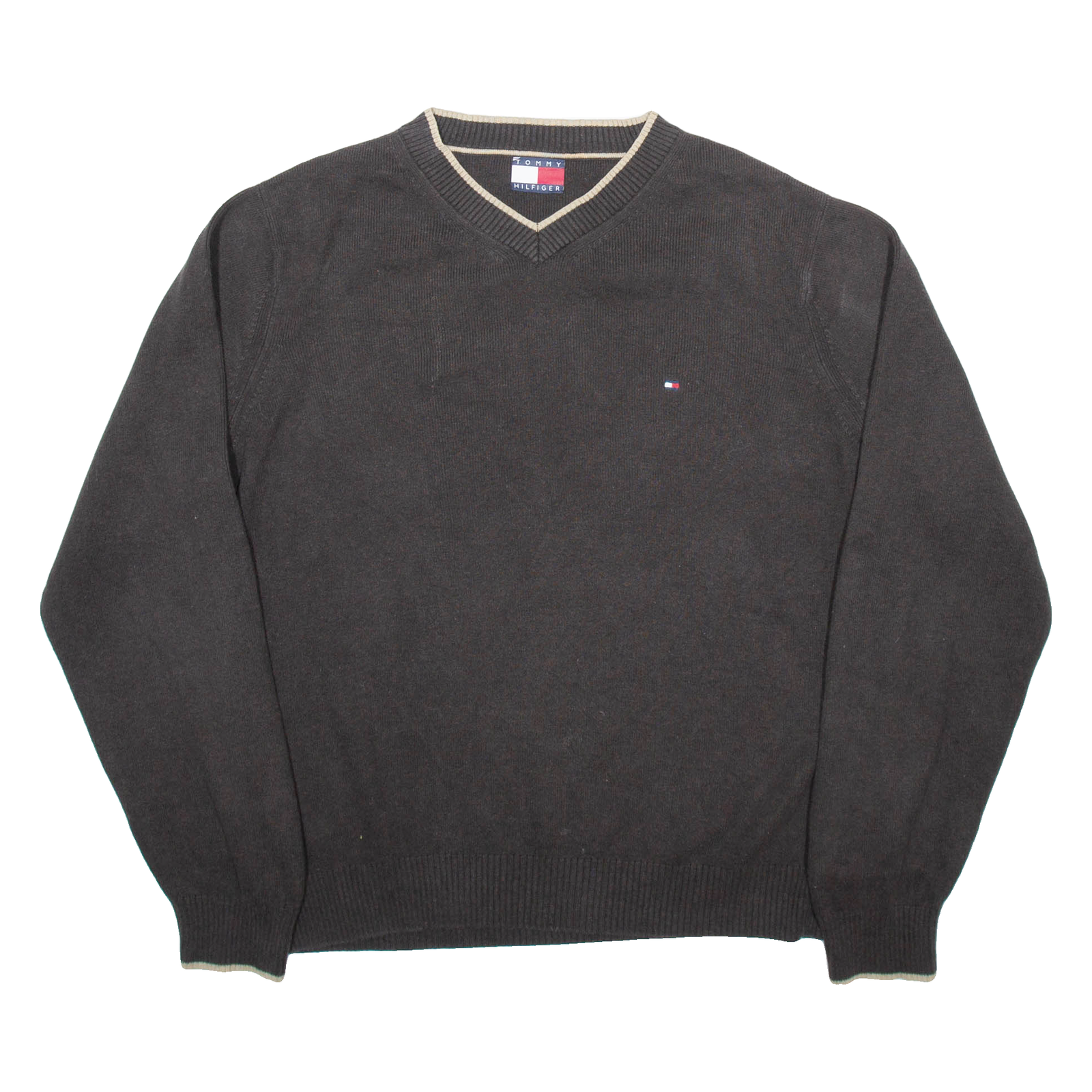 TOMMY HILFIGER Mens Jumper Brown V-Neck Tight Knit L Refurbished - N/A refurbished available on Cerqular