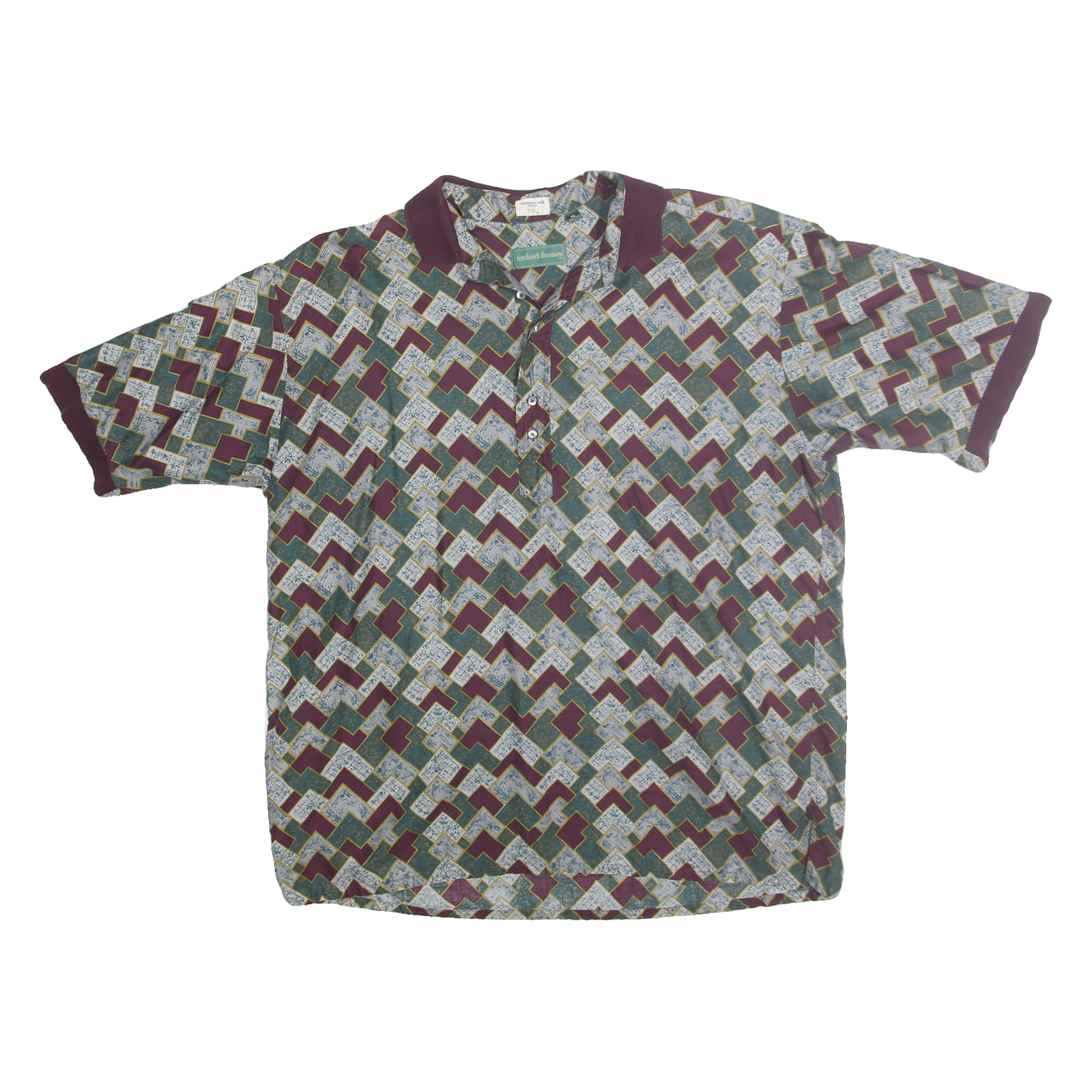 MICHAEL THOMAS Mens Burgundy Green & Cream Geometric Print Short Sleeve XL Polo Refurbished - N/A refurbished available on Cerqular
