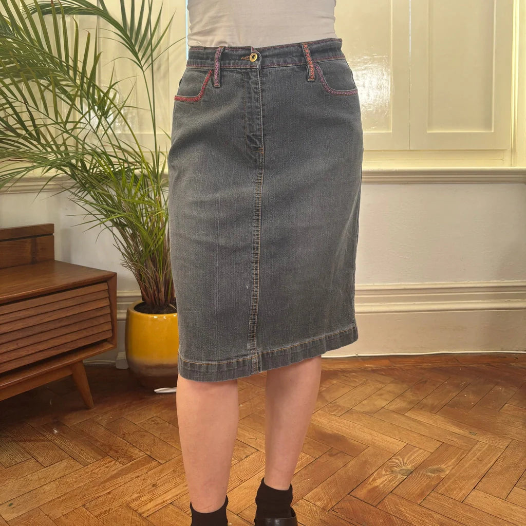 Unbranded Embroidered Denim Skirt - 30W UK 10 Black Cotton Refurbished - Thrifted (note: this is a term often used to describe second- refurbished available on Cerqular
