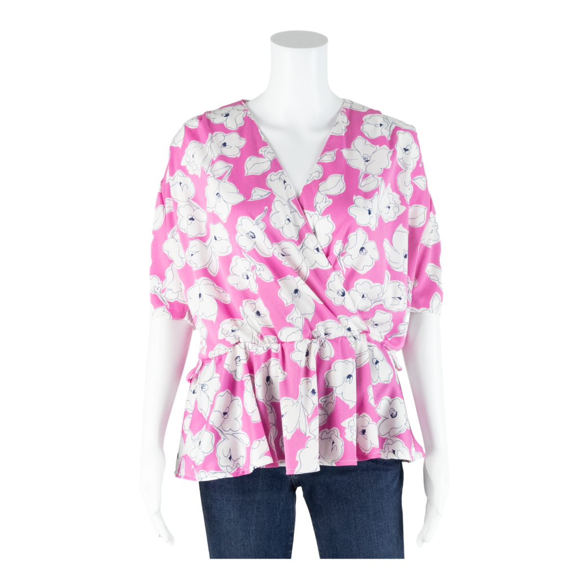 Stretch Peplum Womens Printed Blouse Pink Floral L Refurbished - N/A refurbished available on Cerqular