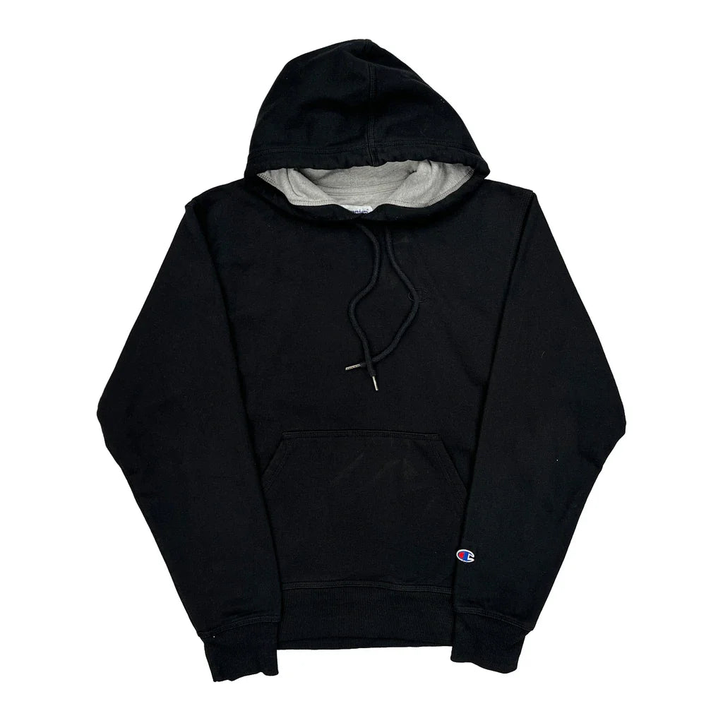 Champion Hoodie - Small Black Cotton Refurbished - Thrifted (note: this is a term often used to describe second- refurbished available on Cerqular
