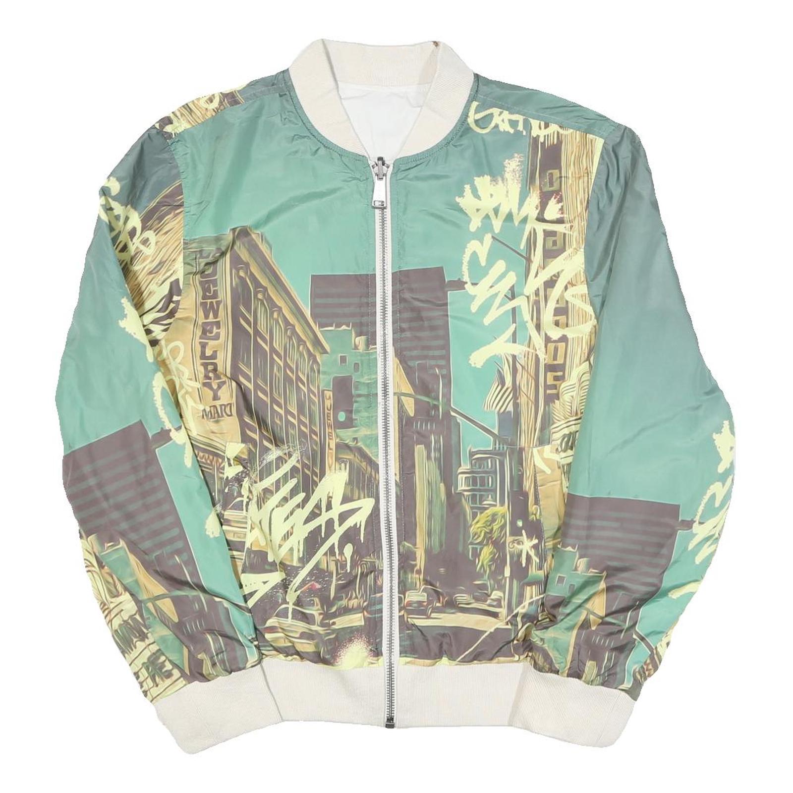 GUESS Mens Green & Cream Crazy Pattern Zip Up Bomber Jacket L Polyester Blend Refurbished - N/A refurbished available on Cerqular