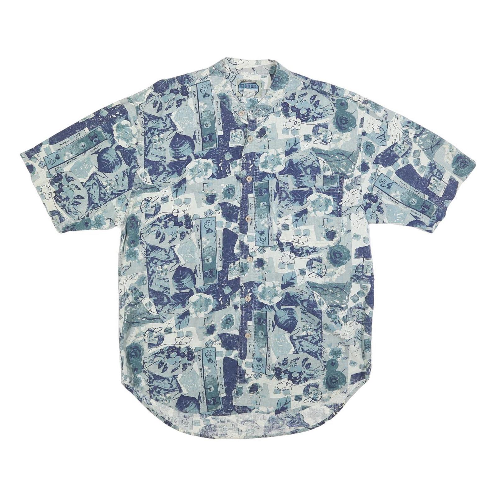 NOT YOUR BASIC Mens Blue Patterned Linen Blend Shirt M Relaxed Short Sleeve Refurbished - N/A refurbished available on Cerqular