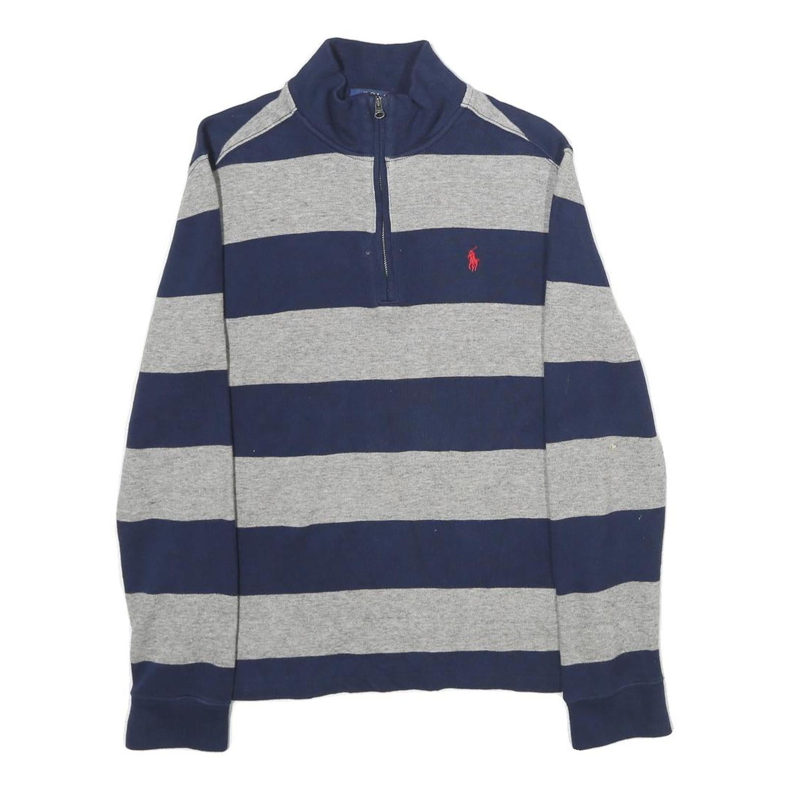 POLO RALPH LAUREN Mens Navy & Grey Striped Pattern Zip Neck Jumper Cable Knit S Refurbished - N/A refurbished available on Cerqular