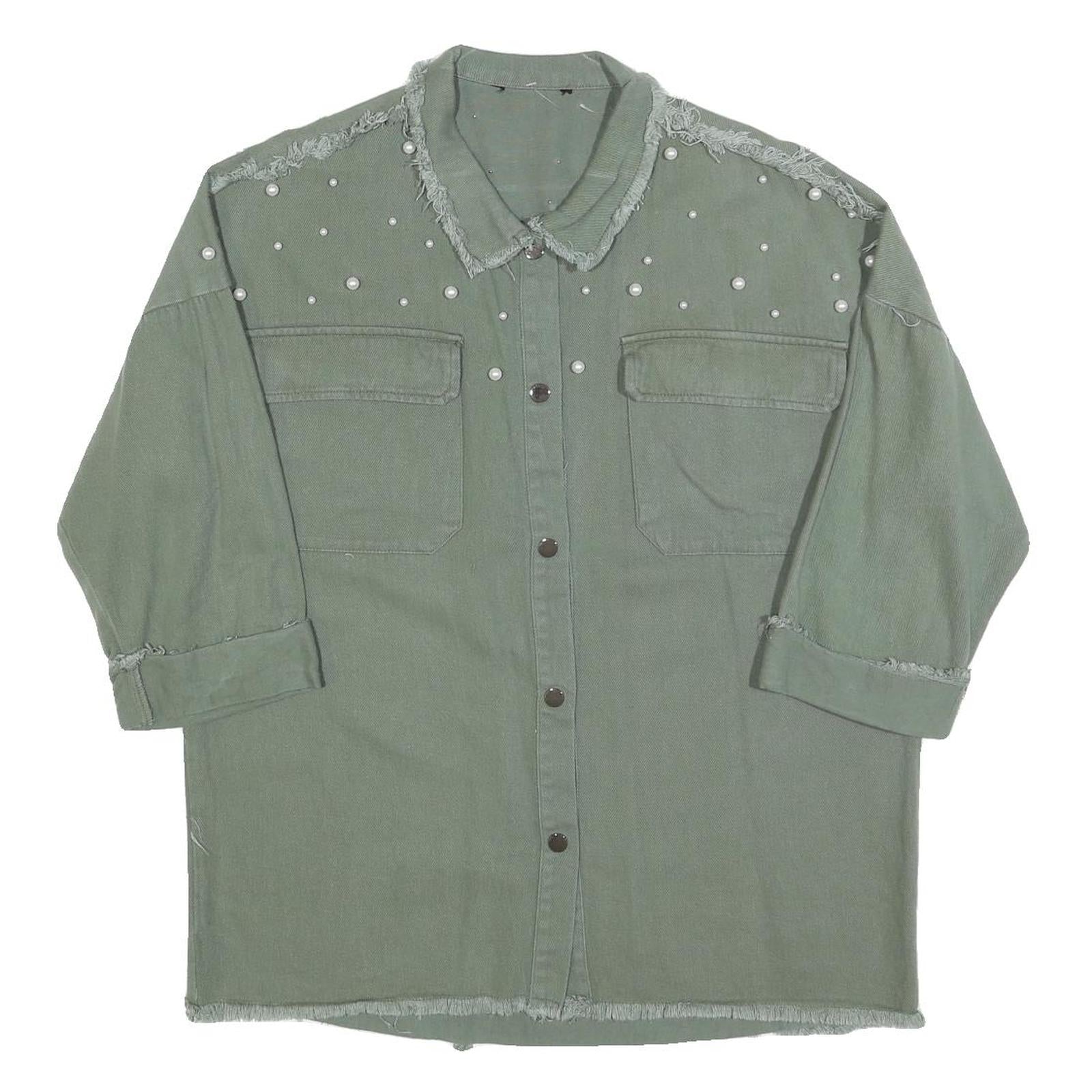 Womens Green Oversized Shirt M Pearl Embellished Fray Detail Casual Refurbished - N/A refurbished available on Cerqular