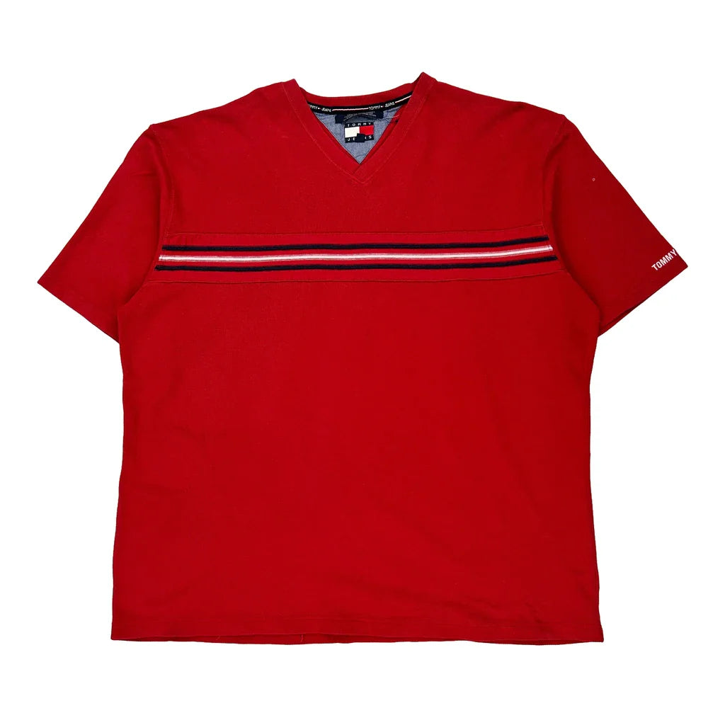 Tommy Jeans Striped T-Shirt - 2XL Red Cotton Refurbished - Thrifted (note: this is a term often used to describe second- refurbished available on Cerqular