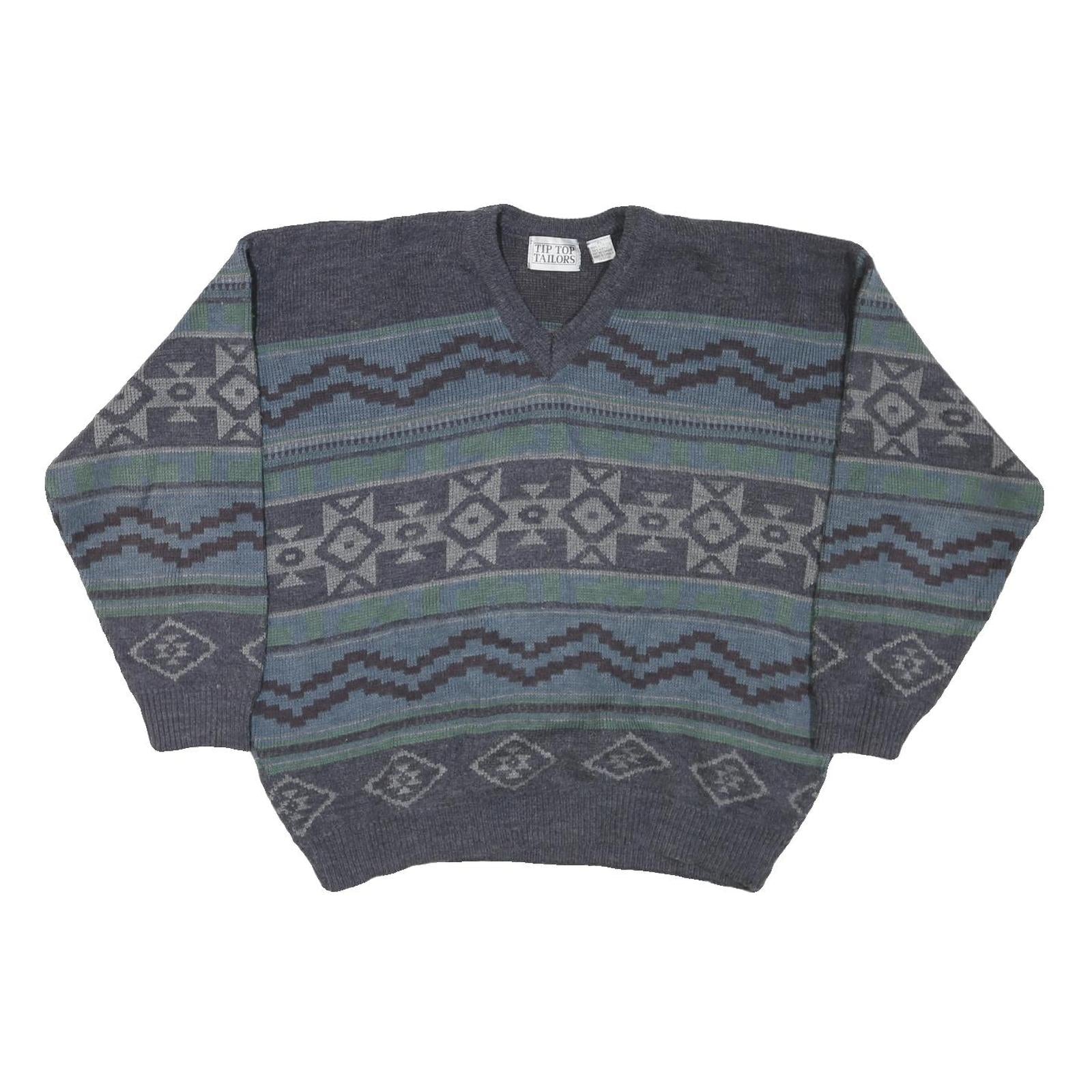 TIP TOP TAILORS Mens Grey Patterned V Neck Chunky Knit XL Jumper Acrylic Sweater Refurbished - N/A refurbished available on Cerqular